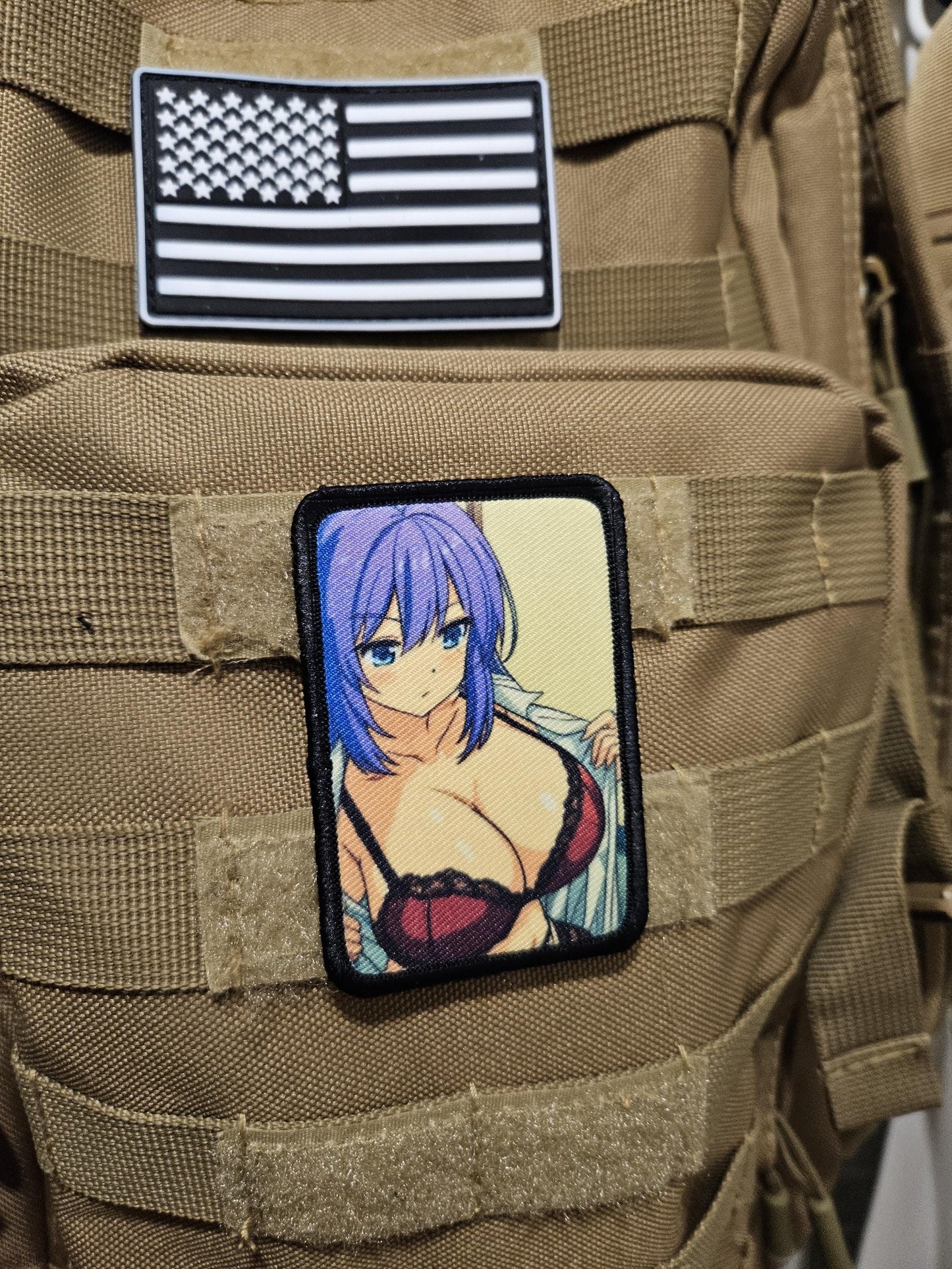 Sexy Anime girl in lingerie busty waifu 2"x3" removable morale patch with hook and loop backing