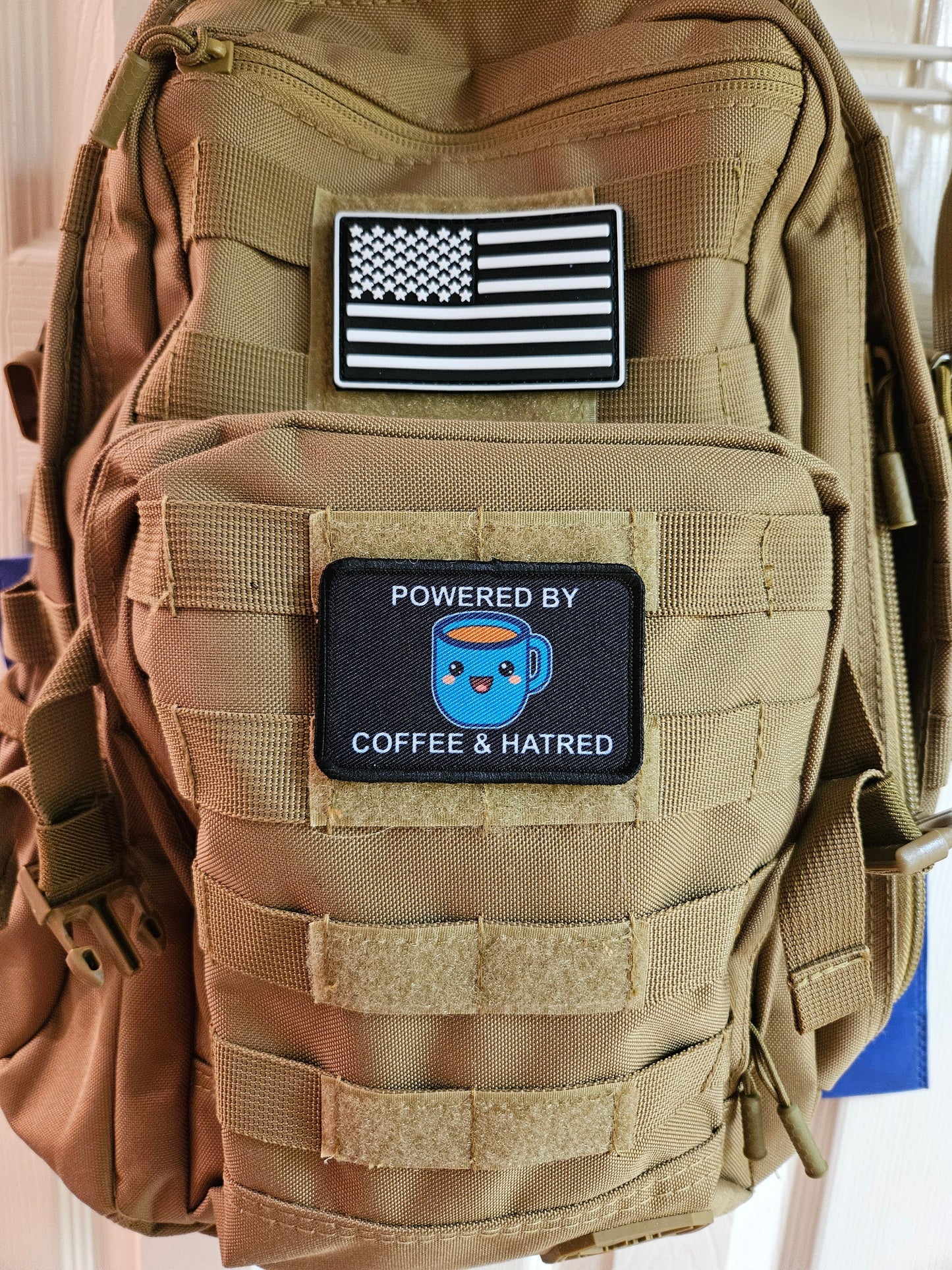 Powered by coffee and hatred meme 2"x3" removable morale patch with hook and loop backing