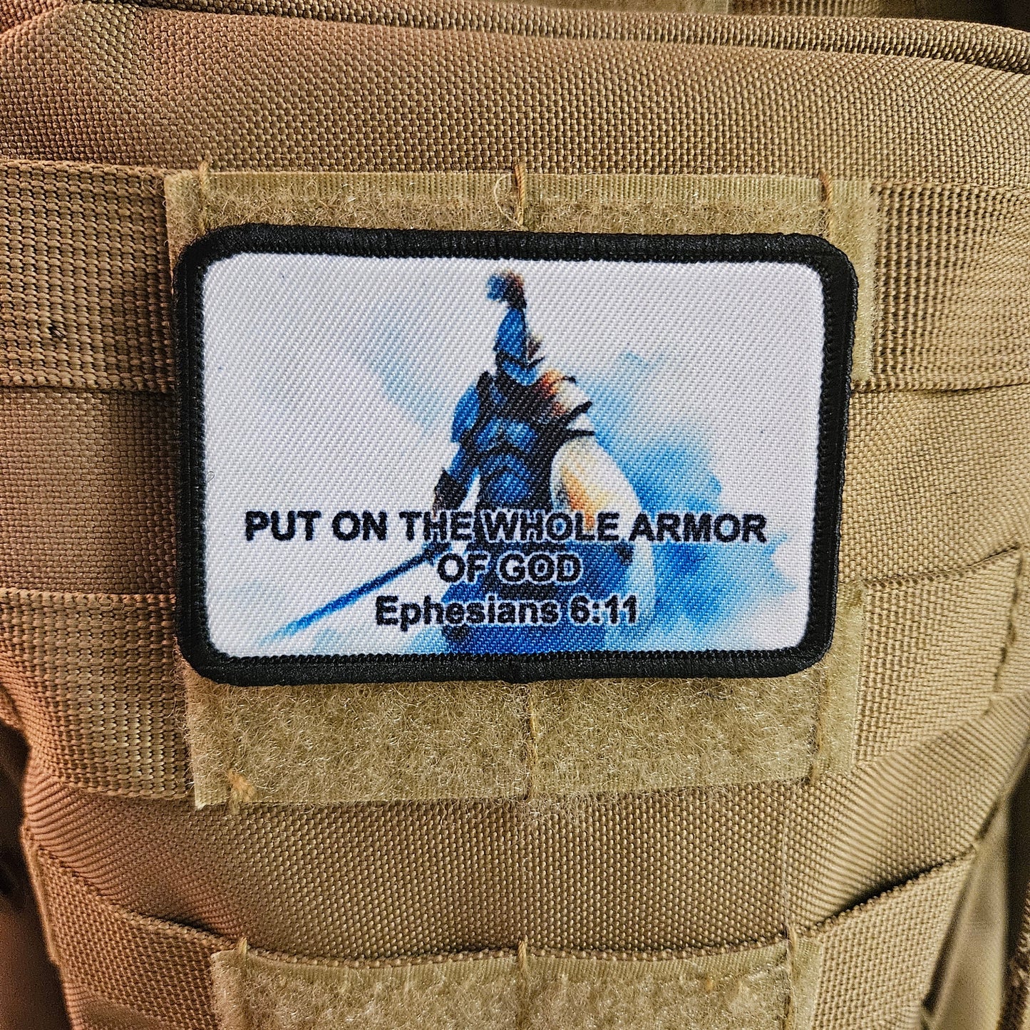 Put on the whole armor of God Ephesians bible verse 2"x3" morale patch with hook and loop backing
