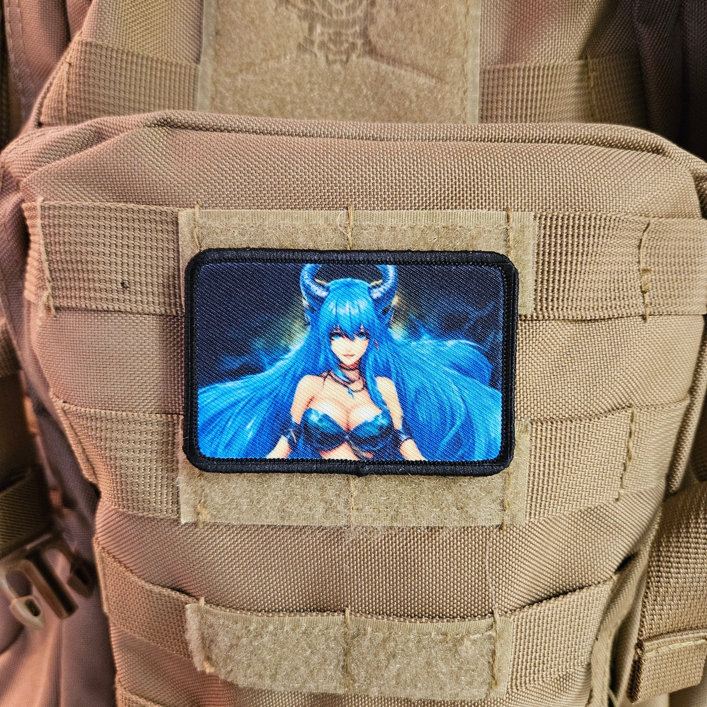 Blue haired succubus waifu 2 Sexy Anime girl cleavage bikini 2"x3" removable morale patch with hook and loop backing