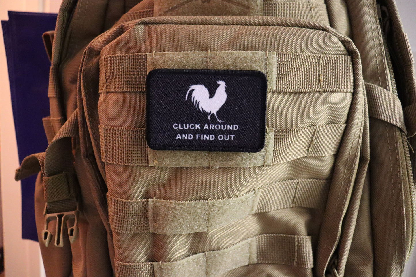 cluck around and find out funny meme chickens 2"x3" morale patch with hook and loop backing