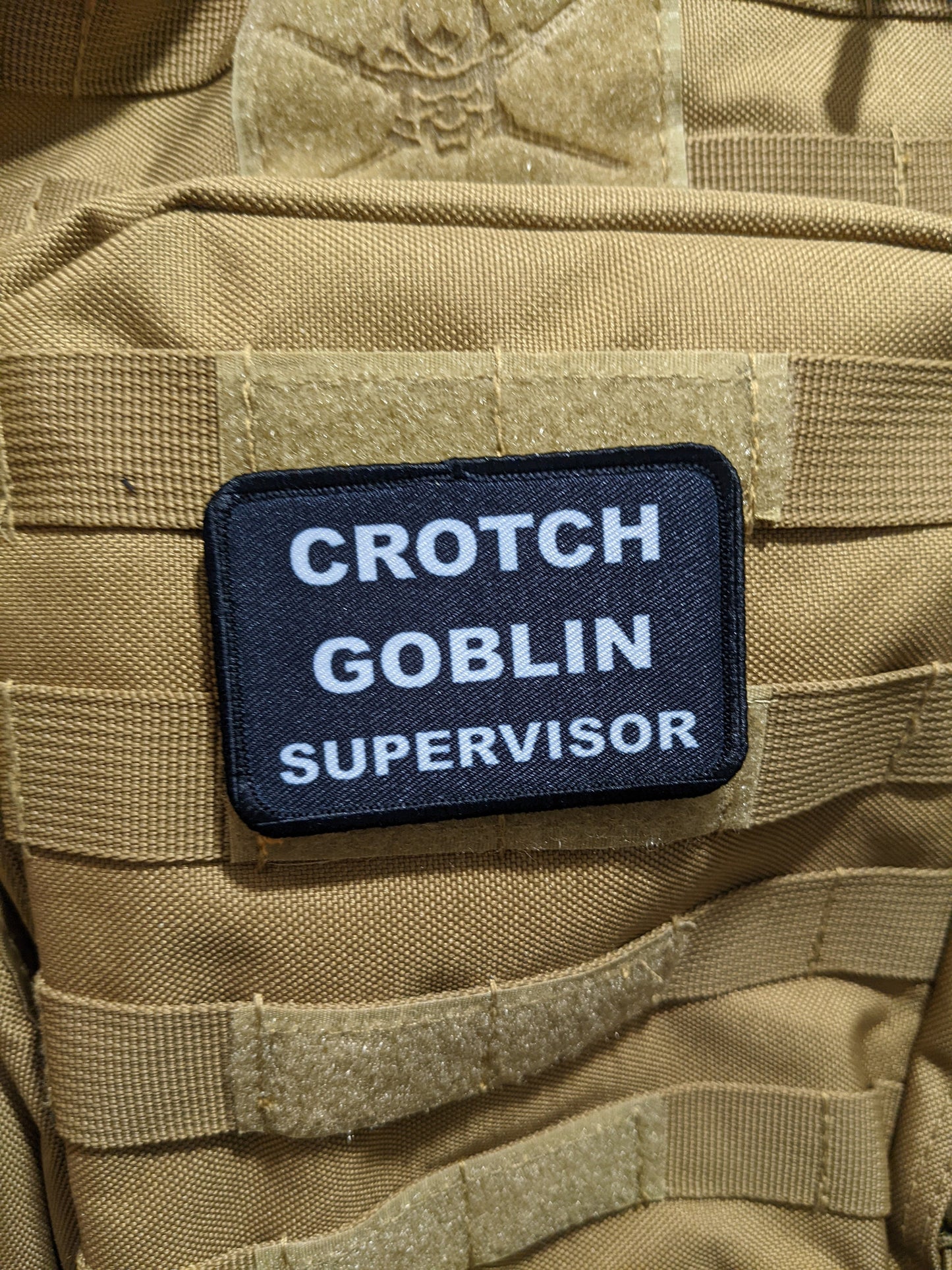 Crotch goblin supervisor sahm boy mom toddler meme 2"x3" morale patch with hook and loop backing