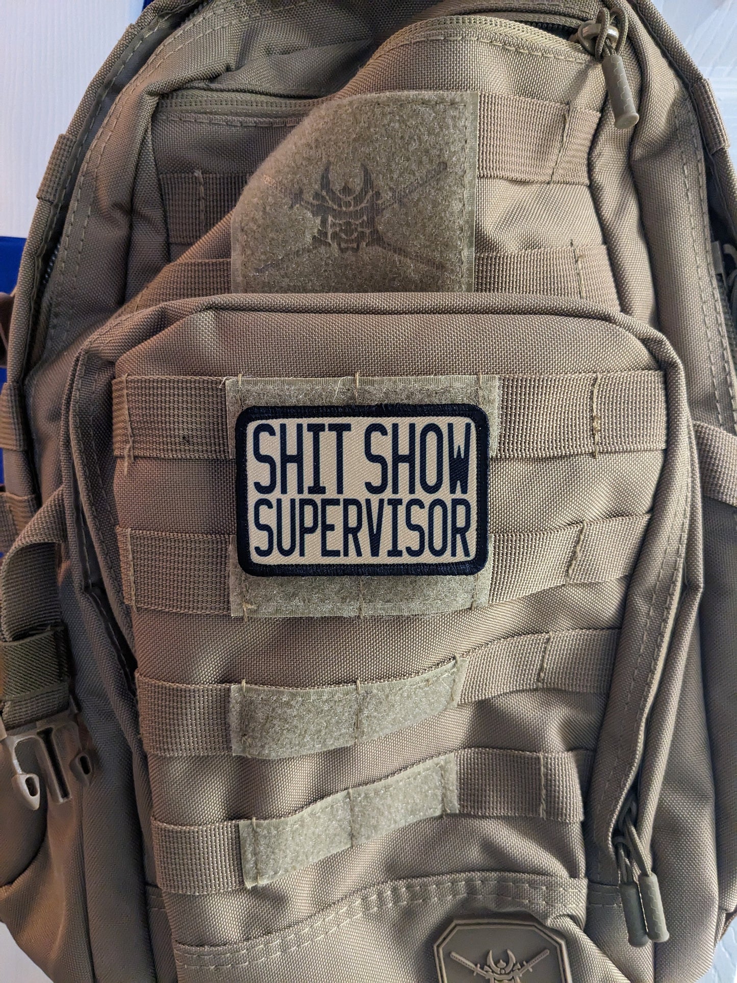 Tan Shit show supervisor funny patch 2" x3" inch morale patch hook and loop backing