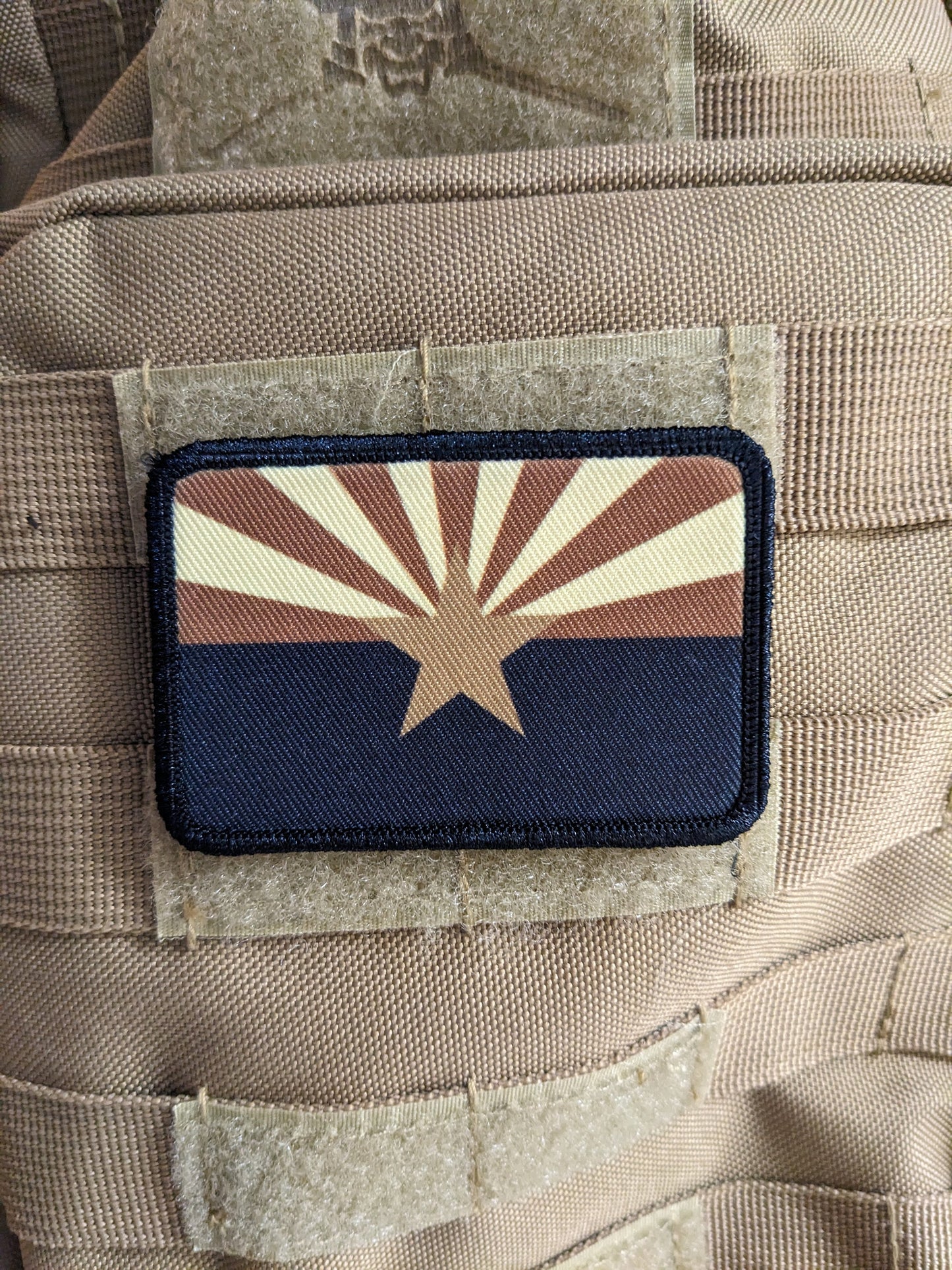 Subdued tan and brown Arizona state flag removable patch 2"x3" morale patch with hook and loop backing