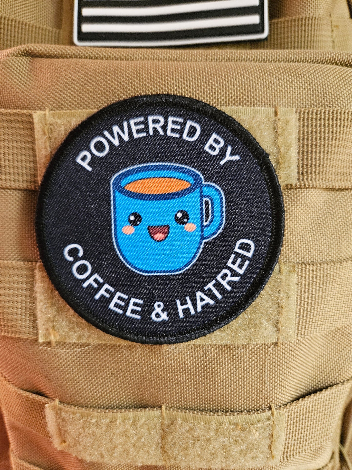 Powered by coffee and hatred meme 3" circle removable morale patch with hook and loop backing