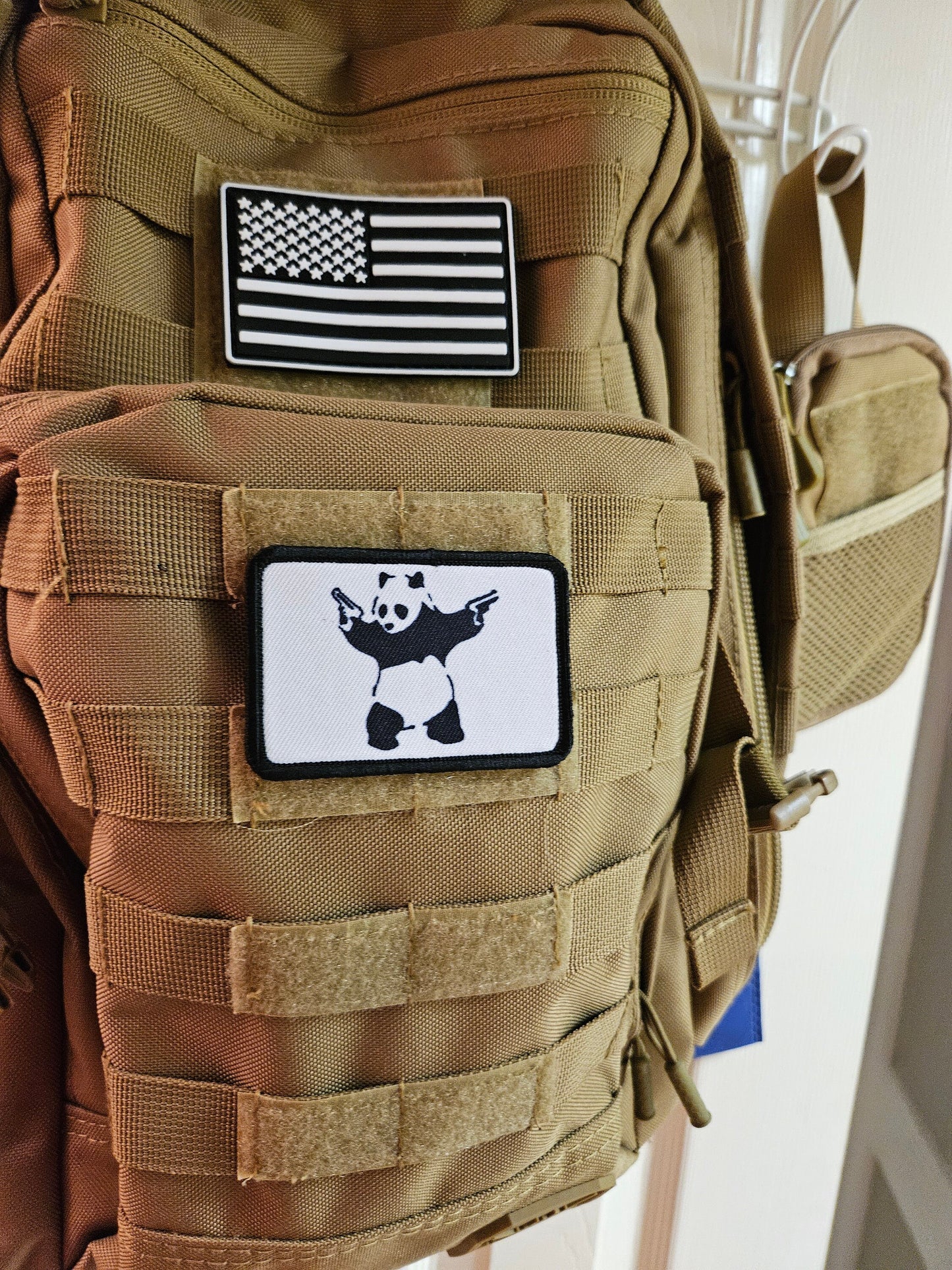 Pew pew panda meme 2"x3" removable morale patch with hook and loop backing