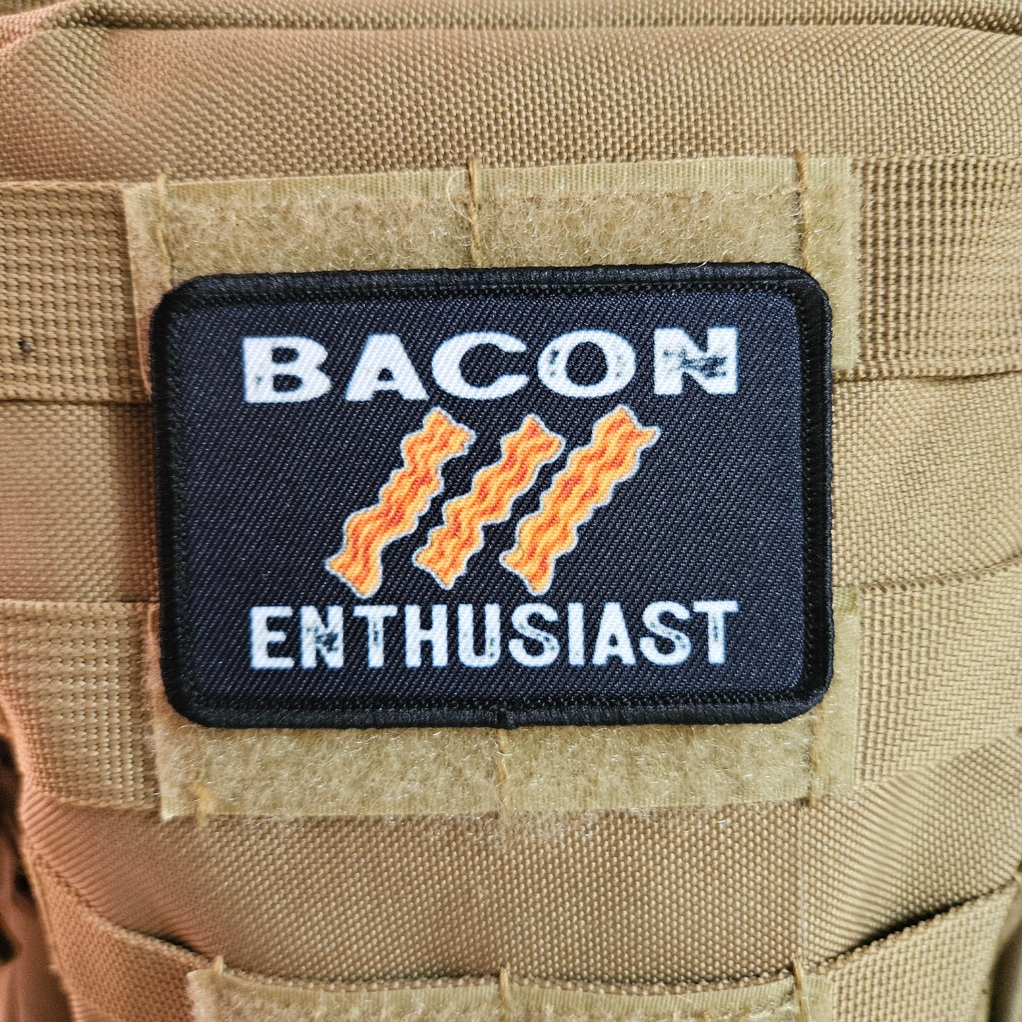 Bacon enthusiast funny meme 2"x3" removable morale patch with hook and loop backing