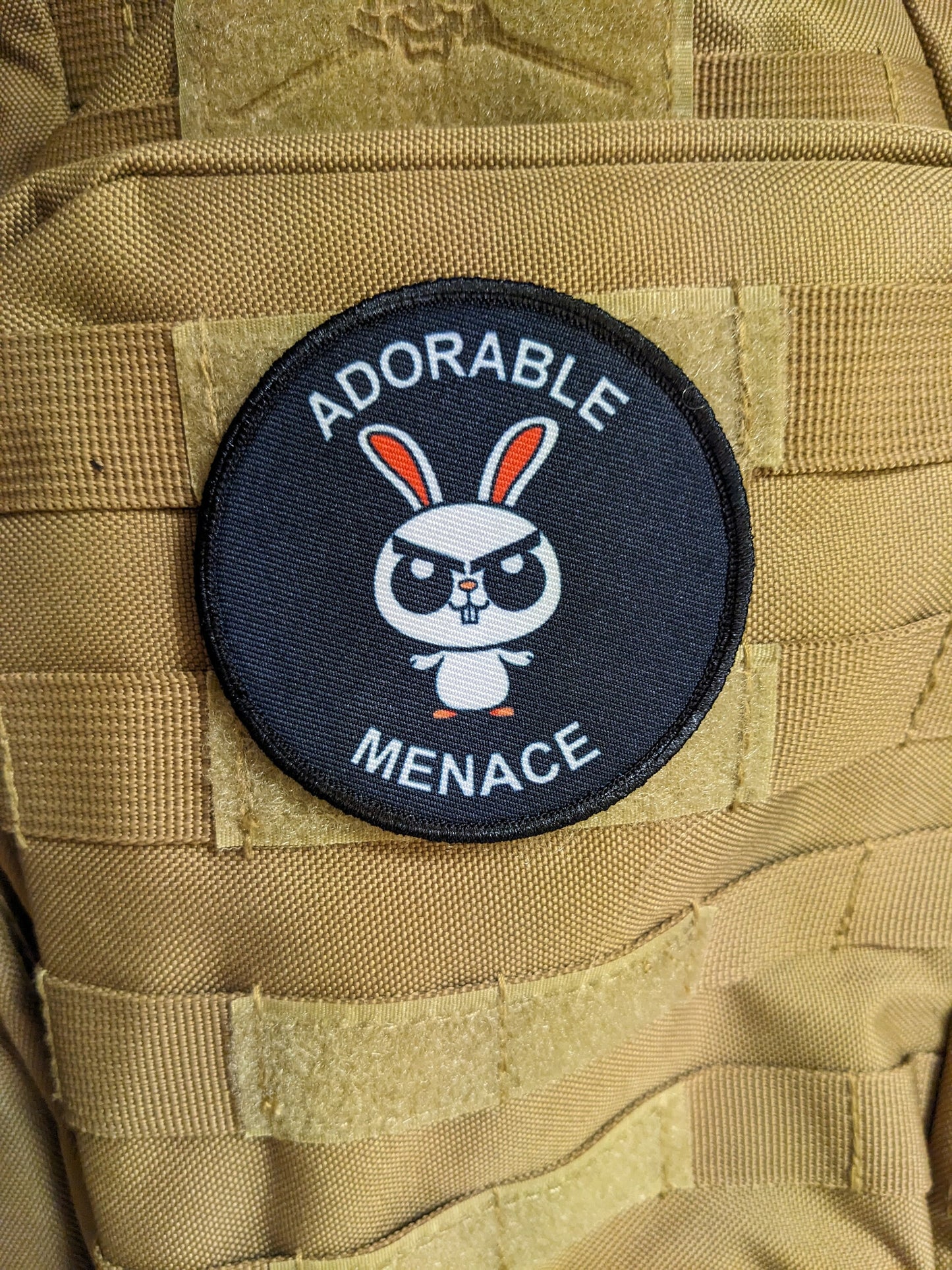 Cute bunny rabbit adorable menace meme 3" circle removable morale patch with hook and loop backing toddler