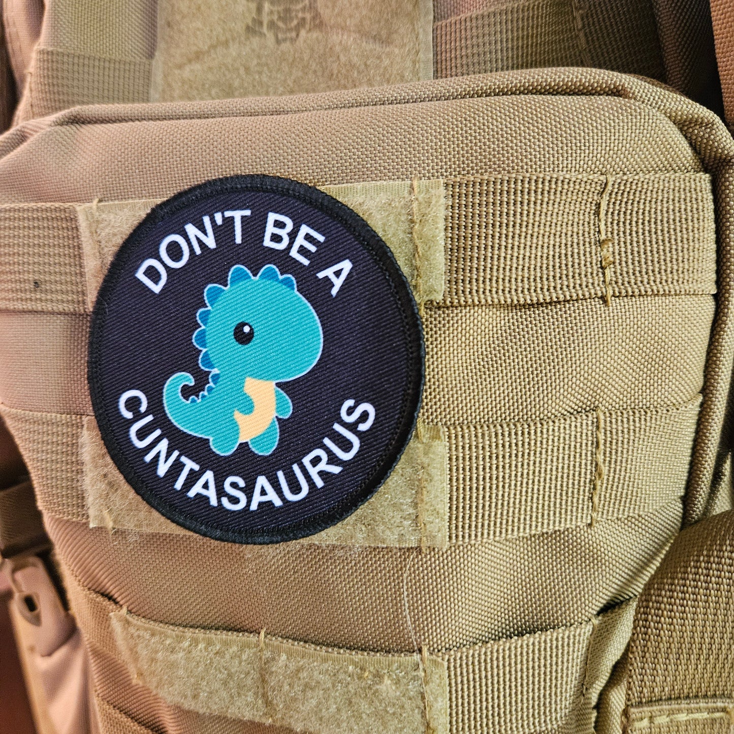 Don't be a cuntasaurus dinosaur meme green version 3" circle removable morale patch with hook and loop backing