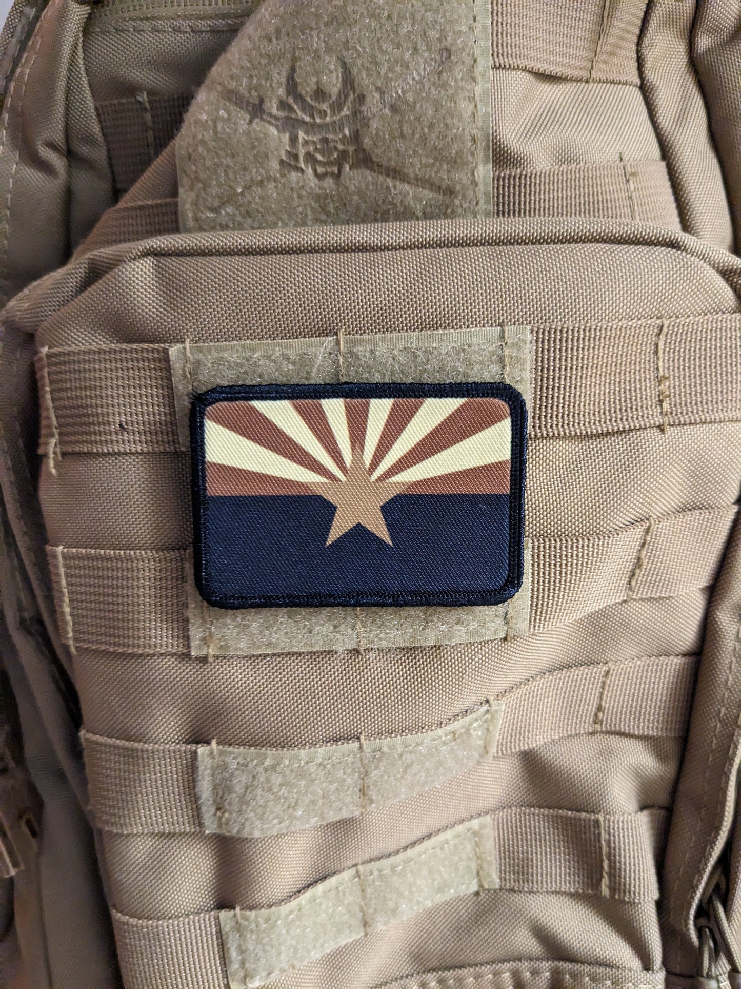 Subdued tan and brown Arizona state flag removable patch 2"x3" morale patch with hook and loop backing