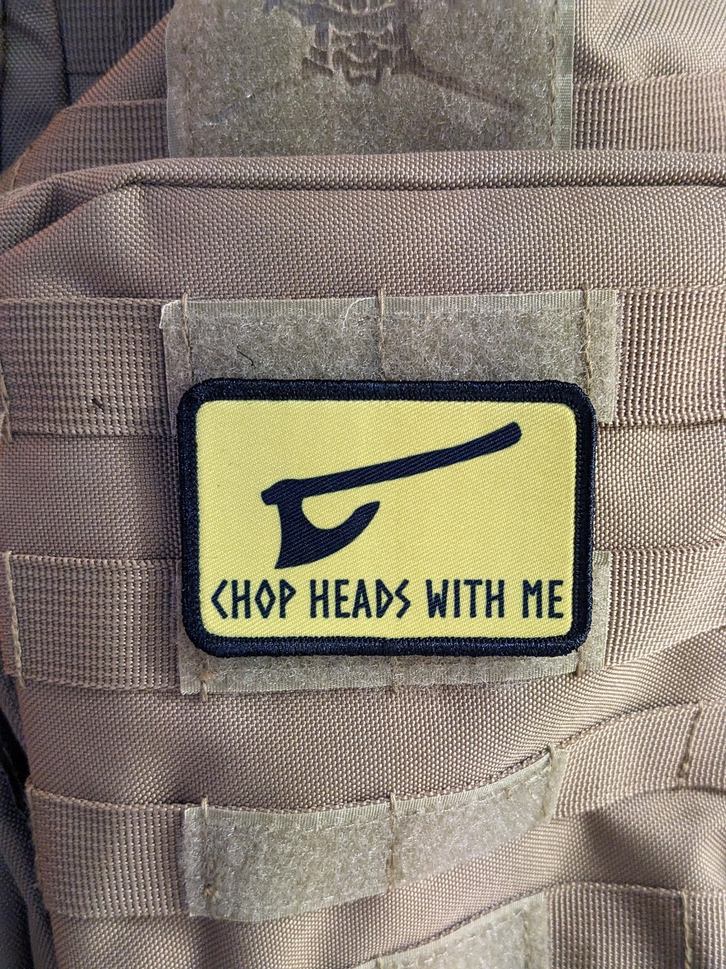 Chop heads with me Viking Norse version of Gadsden flag 2"x3" morale patch with hook and loop backing