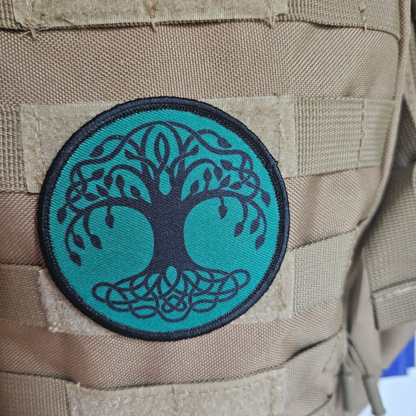 Green Celtic tree of life 3" circle removable morale patch with hook and loop backing
