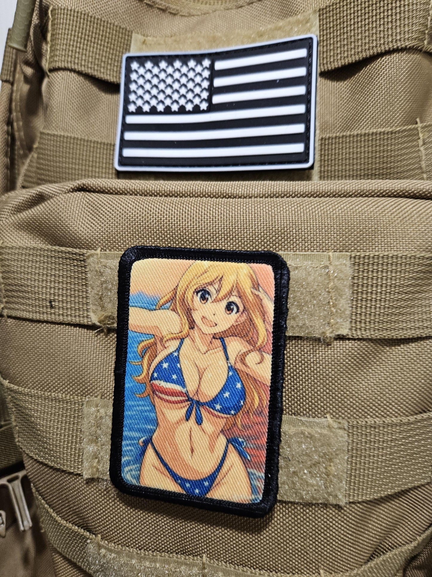 Sexy Anime girl cleavage american flag bikini waifu 2"x3" removable morale patch with hook and loop backing