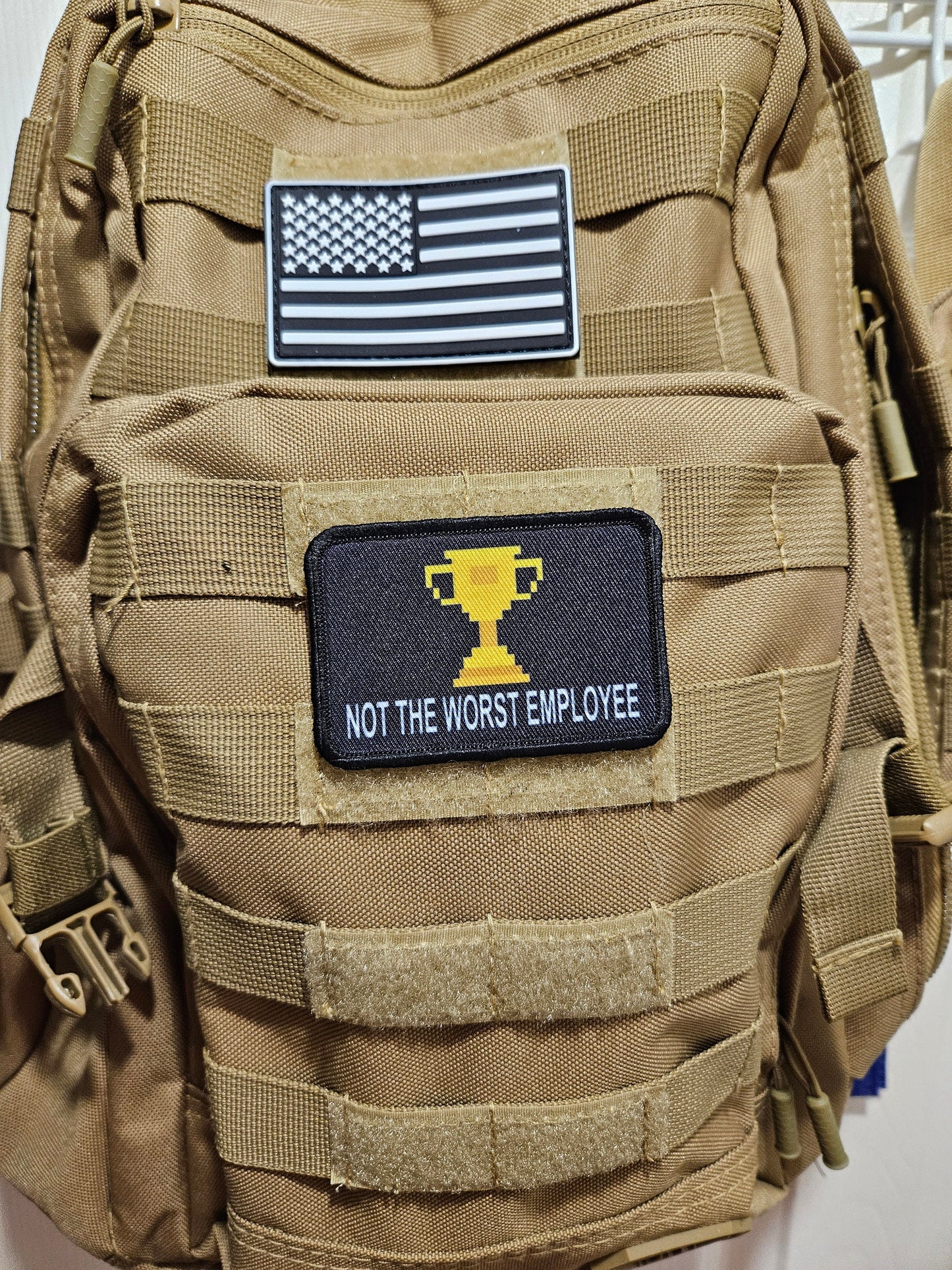 Not the worst employee trophy patch 2"x3" morale patch with hook and loop backing tan