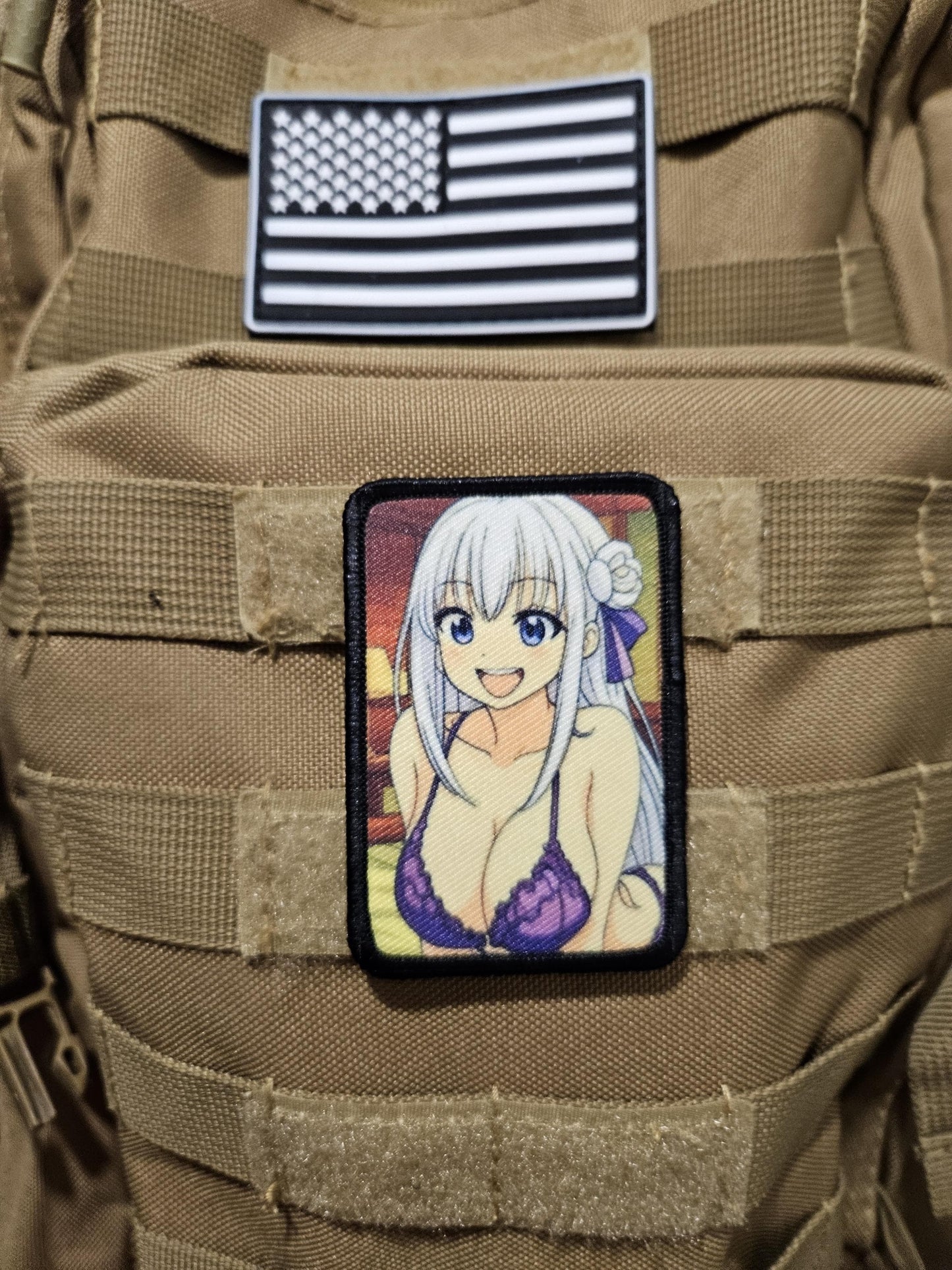 Happy Sexy Anime girl in lingerie white hair waifu 2"x3" removable morale patch with hook and loop backing