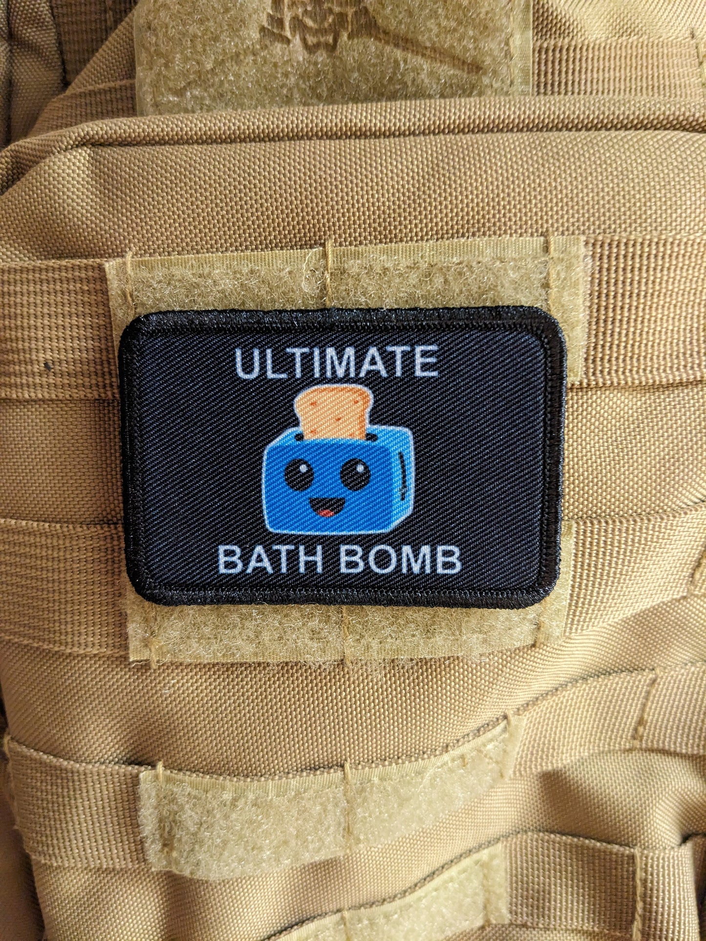 Ultimate bath bomb toaster in the bathtub meme 2"x3" morale patch with hook and loop backing