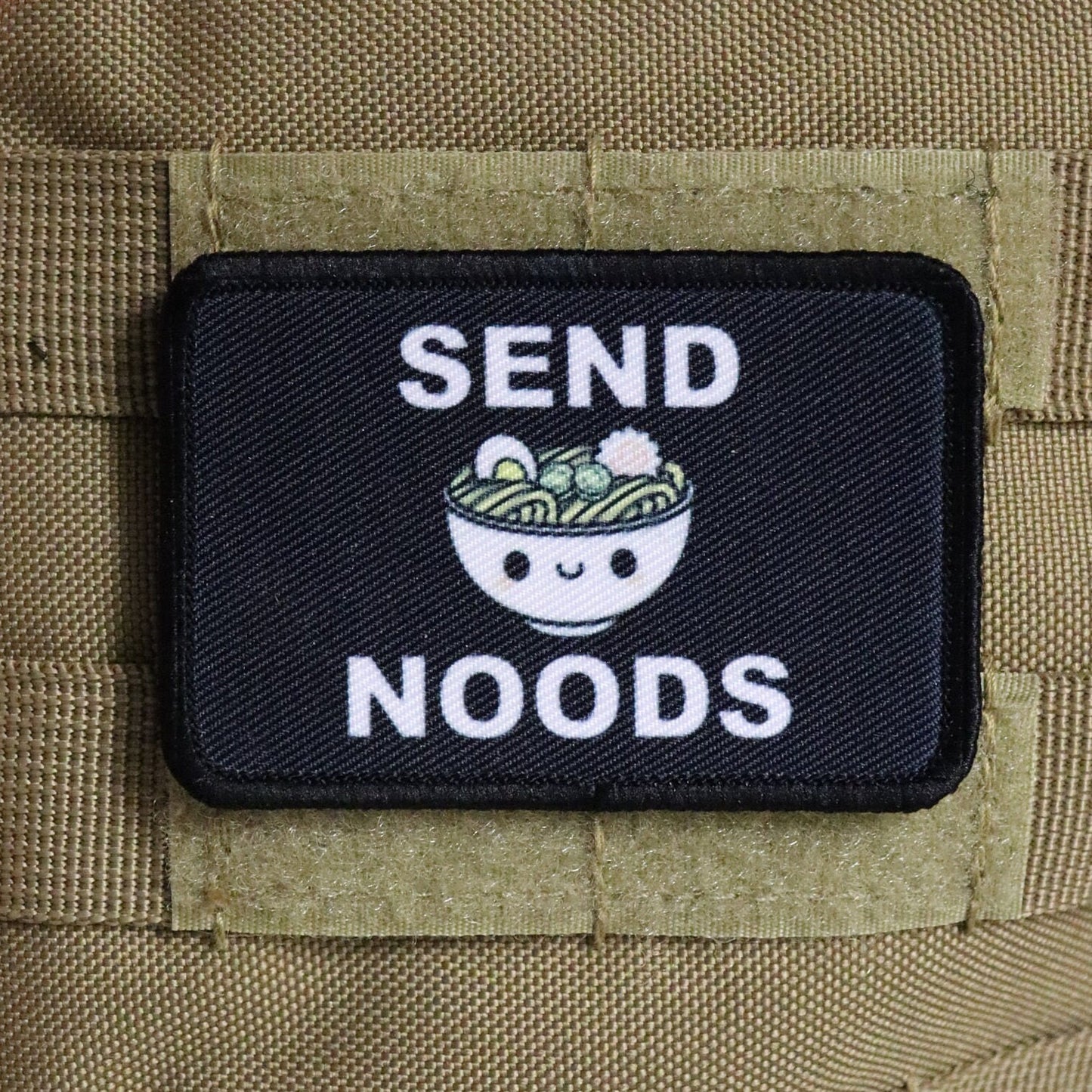 send noods ramen noodle meme cute 2"x3" morale patch with hook and loop backing