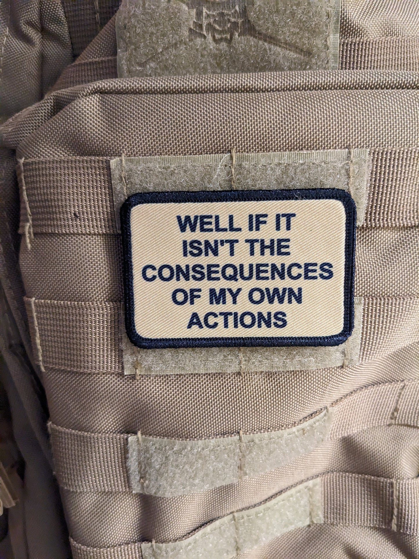 Well if it isn't the consequences of my own actions meme 2"x3" morale patch with hook and loop backing tan