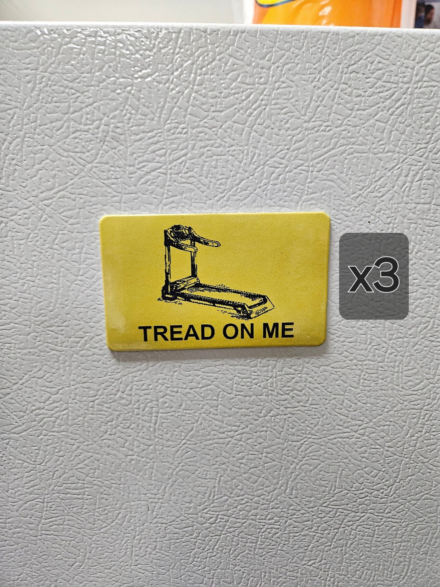 Funny tread on me treadmill Gadsden flag parody fridge magnet x3. 2x3.5" dimensions