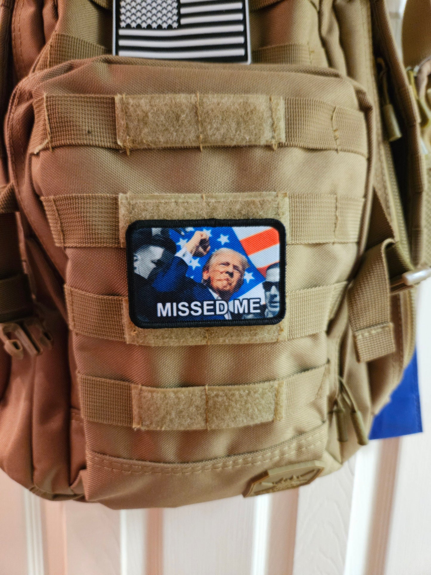 trump survived Flag background fist in the air missed me 2"x3" morale patch with hook and loop backing military joke meme