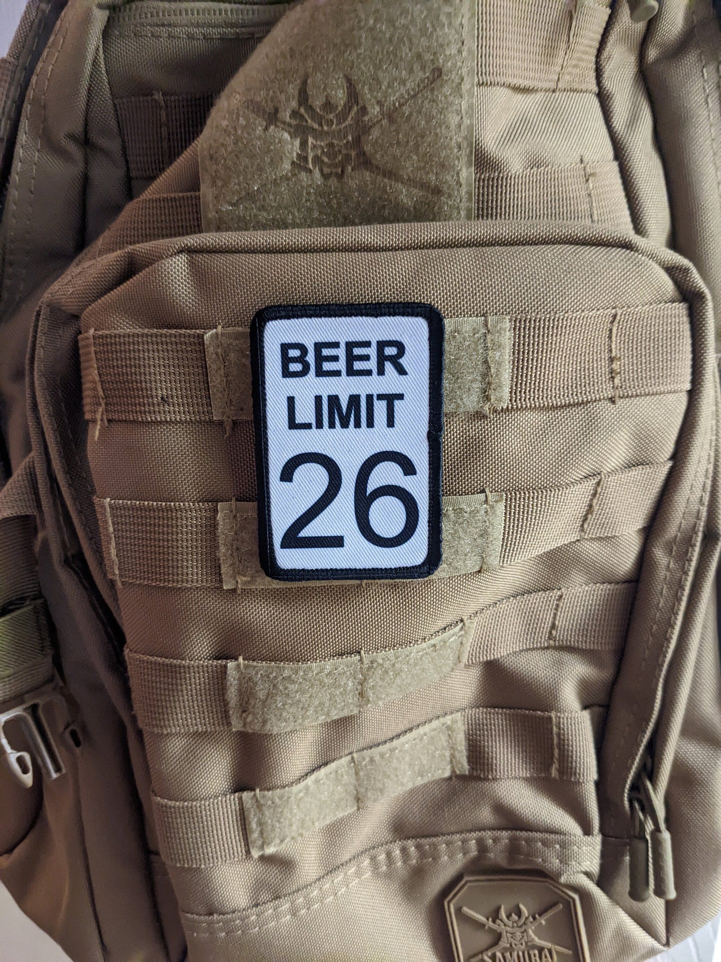 Beer limit 26 road sign meme 2"x3" morale patch with hook and loop backing
