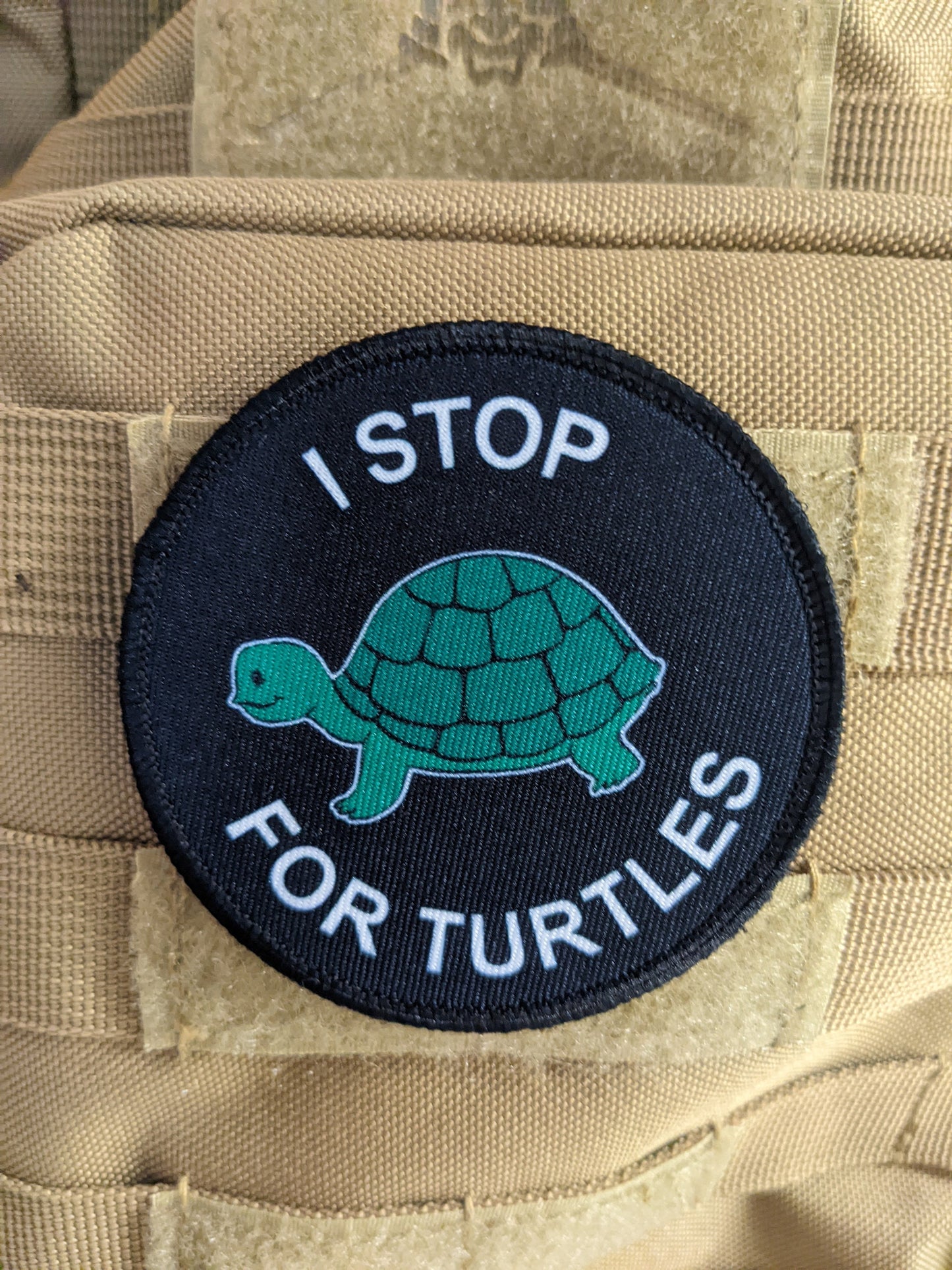 I stop for turtles save the turtles 3" circle removable morale patch with hook and loop backing
