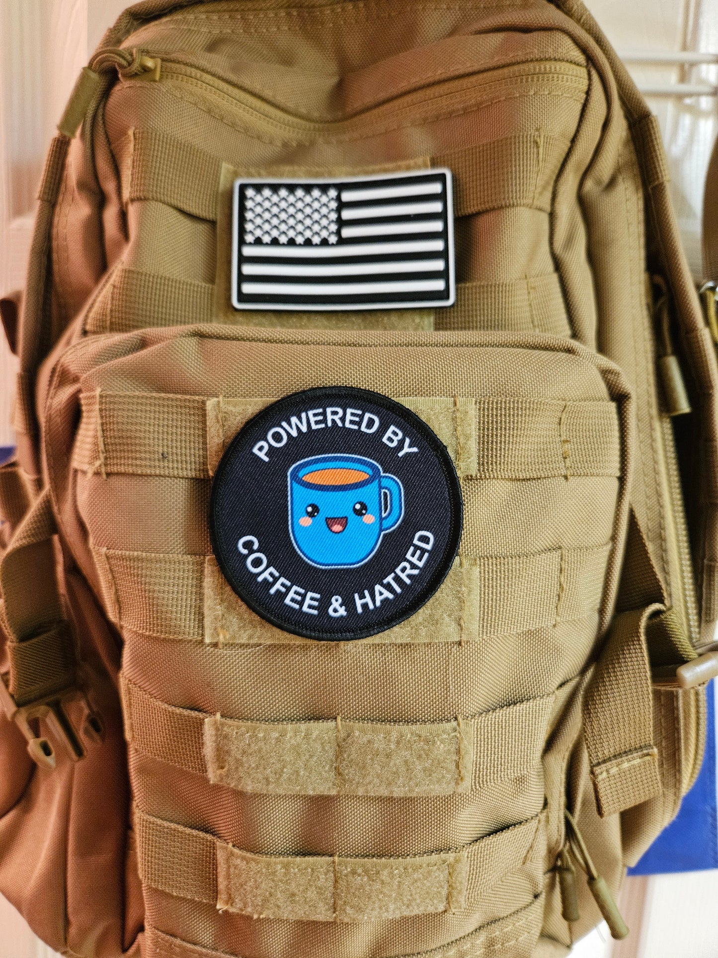 Powered by coffee and hatred meme 3" circle removable morale patch with hook and loop backing