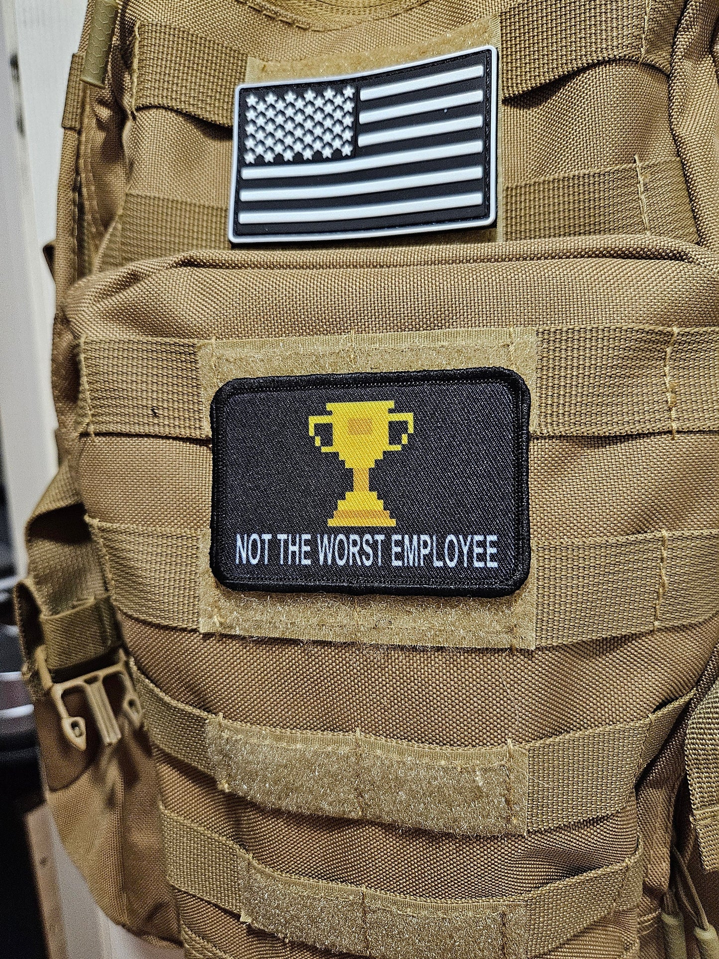 Not the worst employee trophy patch 2"x3" morale patch with hook and loop backing tan