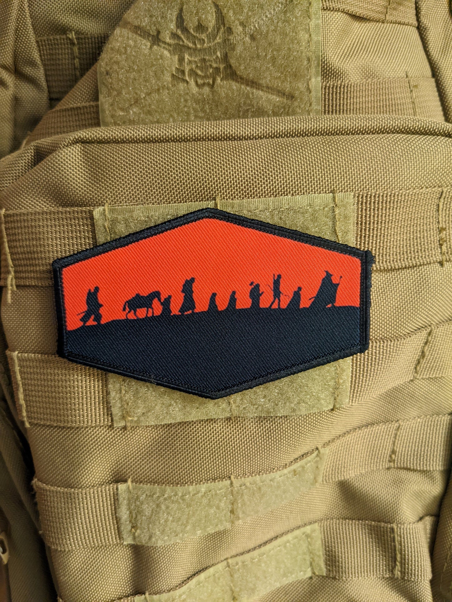 Lotr fellowship silhouette fantasy red 4"x2.5" hexagon morale patch with hook and loop backing