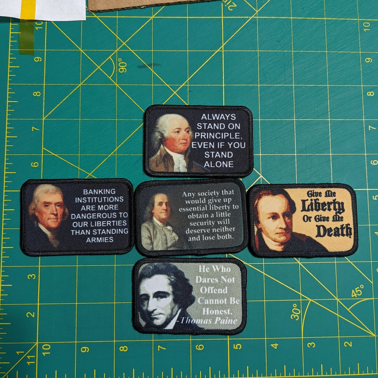 lot of 5 founding fathers quotes Ben Franklin, Thomas Paine, John Adams 2"x3" removable morale patch with hook and loop backing