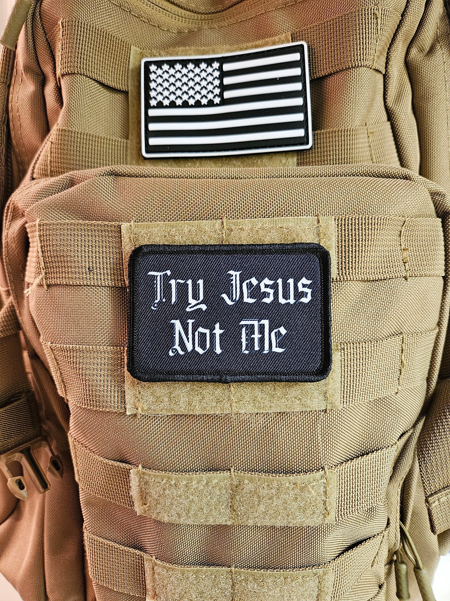 Try Jesus not me meme 2"x3" removable morale patch with hook and loop backing
