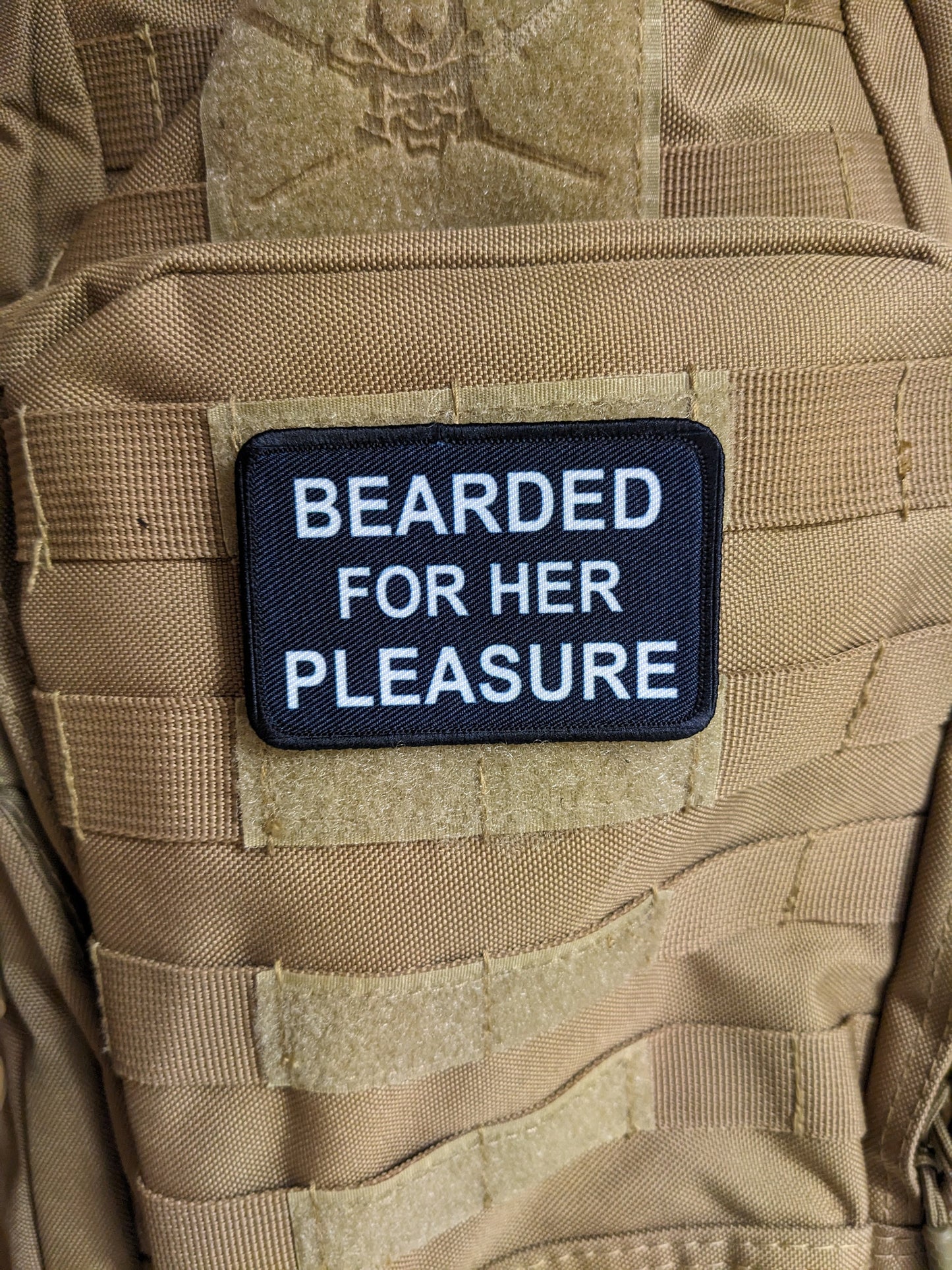 Bearded for her pleasure meme 2"x3" morale patch with hook and loop backing