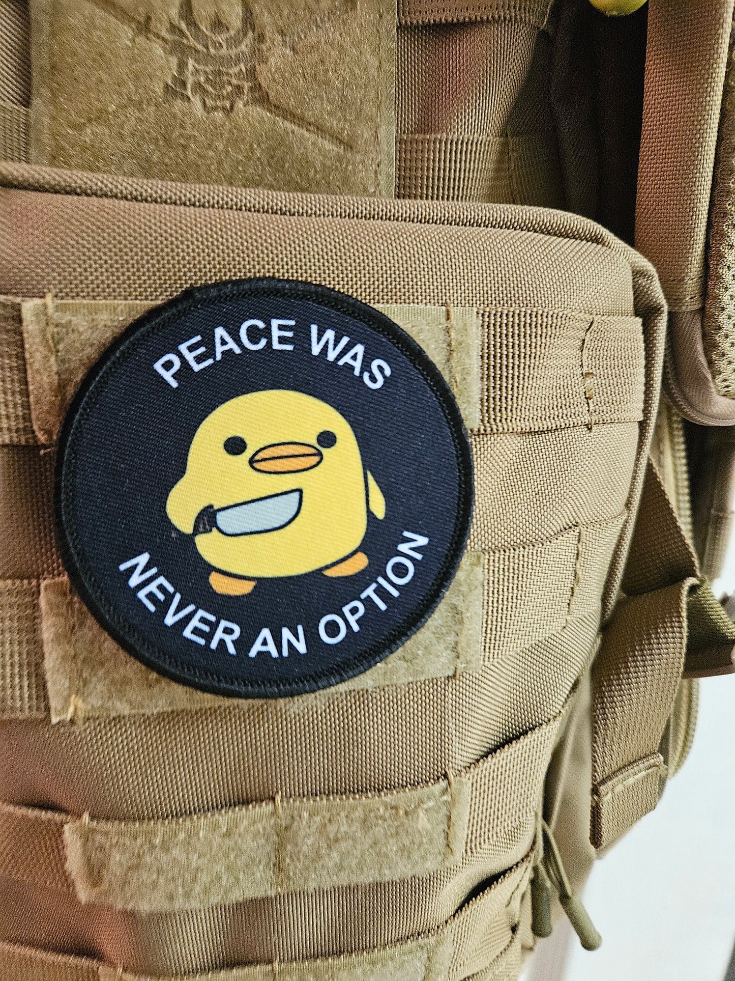 Peace was never an option duckling with knife meme 3" circle removable morale patch with hook and loop backing