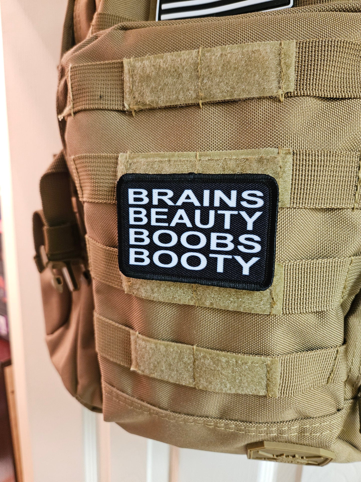 Brains beauty boobs booty women empowerment meme 2"x3" removable morale patch with hook and loop backing