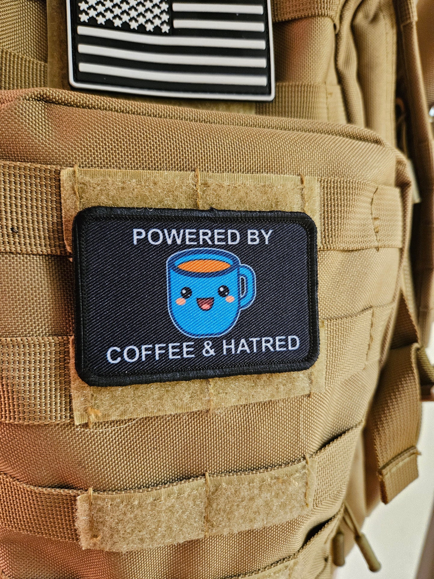 Powered by coffee and hatred meme 2"x3" removable morale patch with hook and loop backing