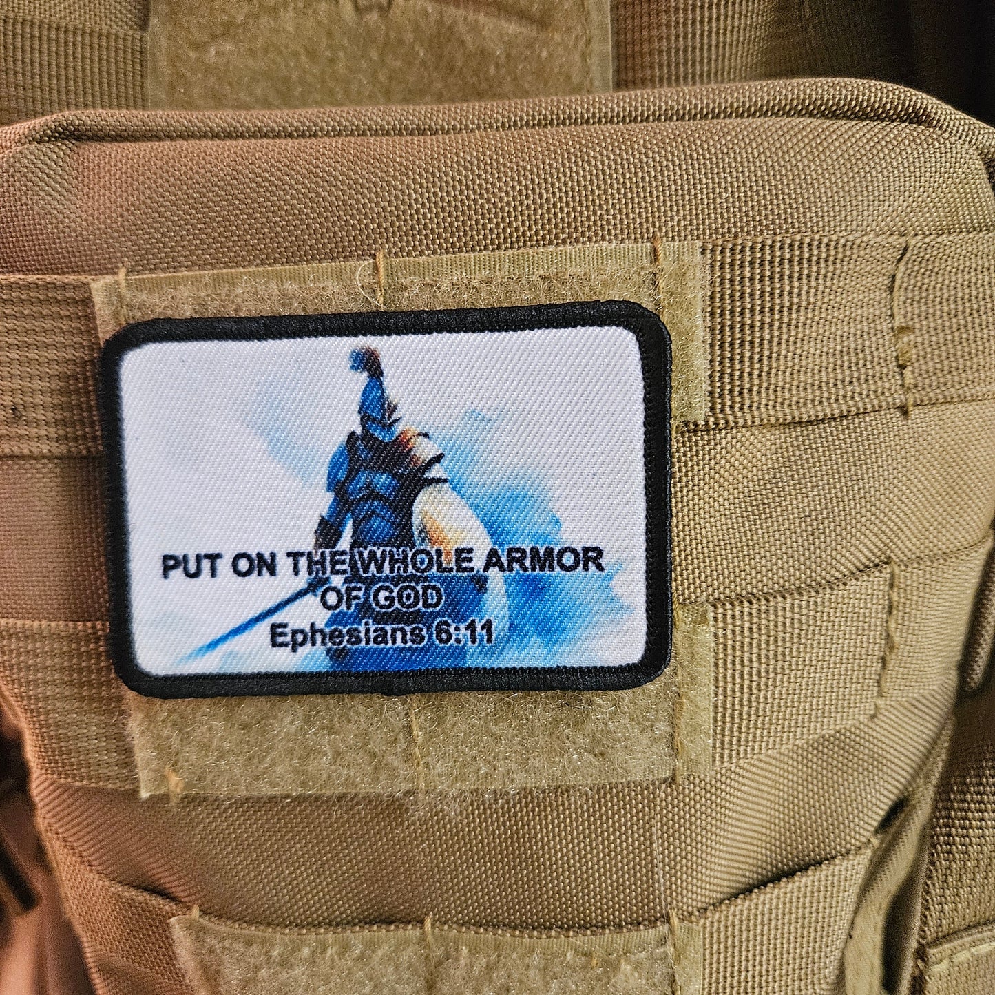 Put on the whole armor of God Ephesians bible verse 2"x3" morale patch with hook and loop backing