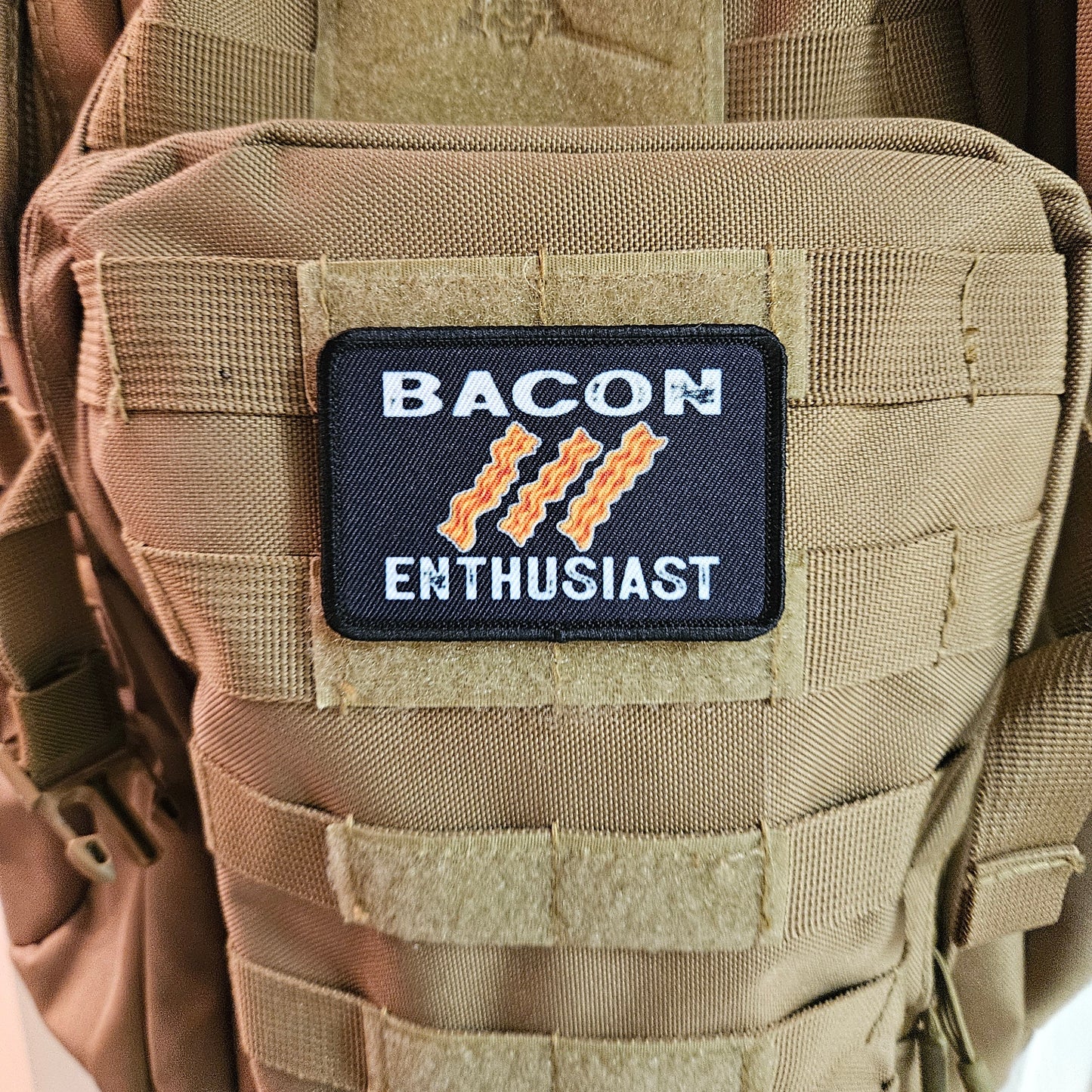 Bacon enthusiast funny meme 2"x3" removable morale patch with hook and loop backing