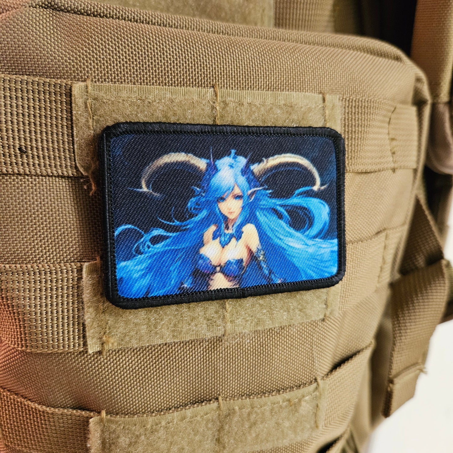 Blue haired succubus waifu Sexy Anime girl cleavage bikini 2"x3" removable morale patch with hook and loop backing