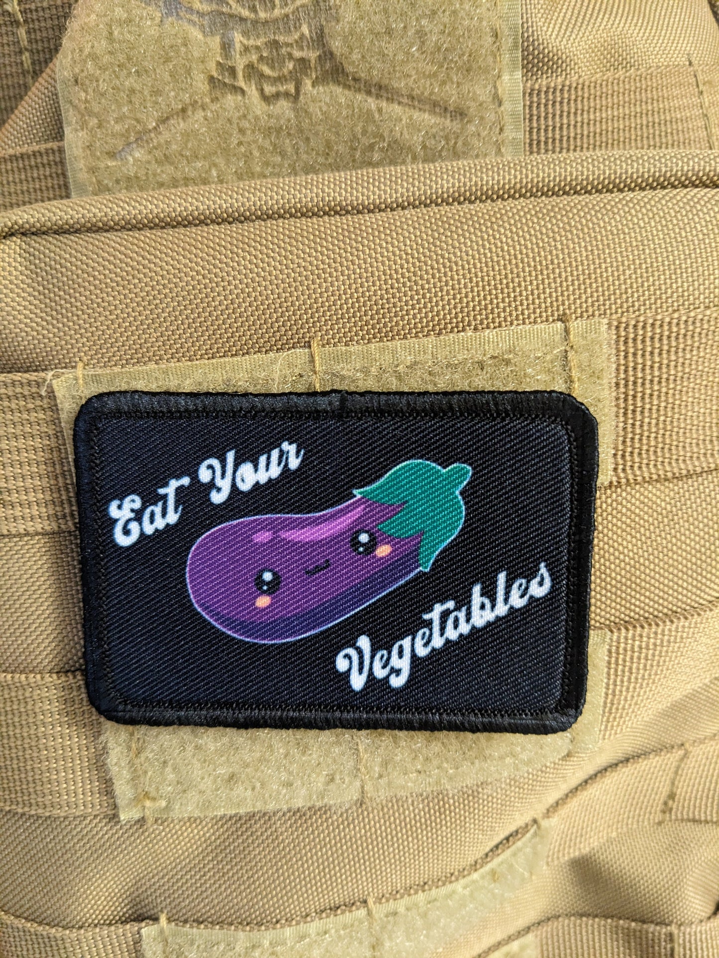 Eat your vegetables eggplant sexy funny meme cute 2"x3" morale patch with hook and loop backing