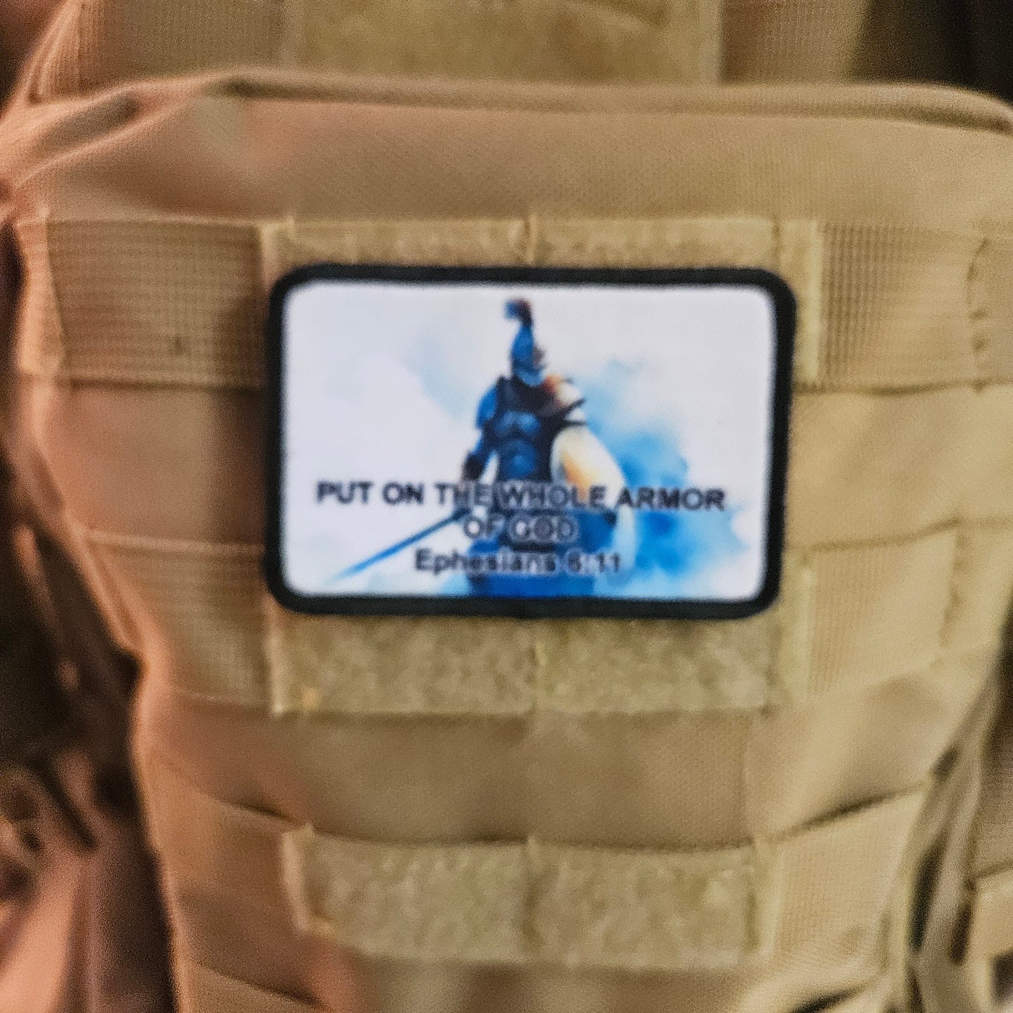 Put on the whole armor of God Ephesians bible verse 2"x3" morale patch with hook and loop backing