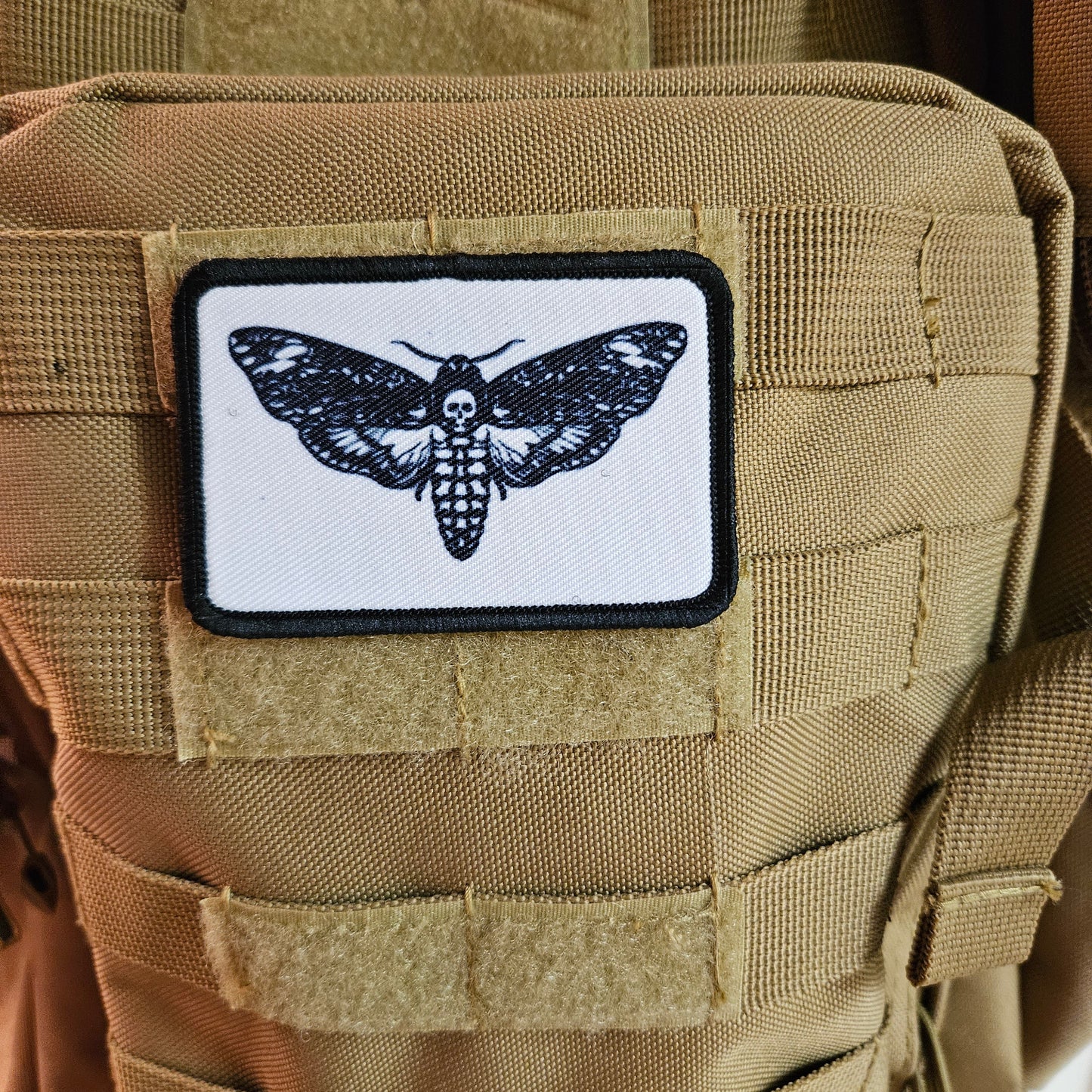 Desths head moth white background funny 2"x3" morale patch with hook and loop backing