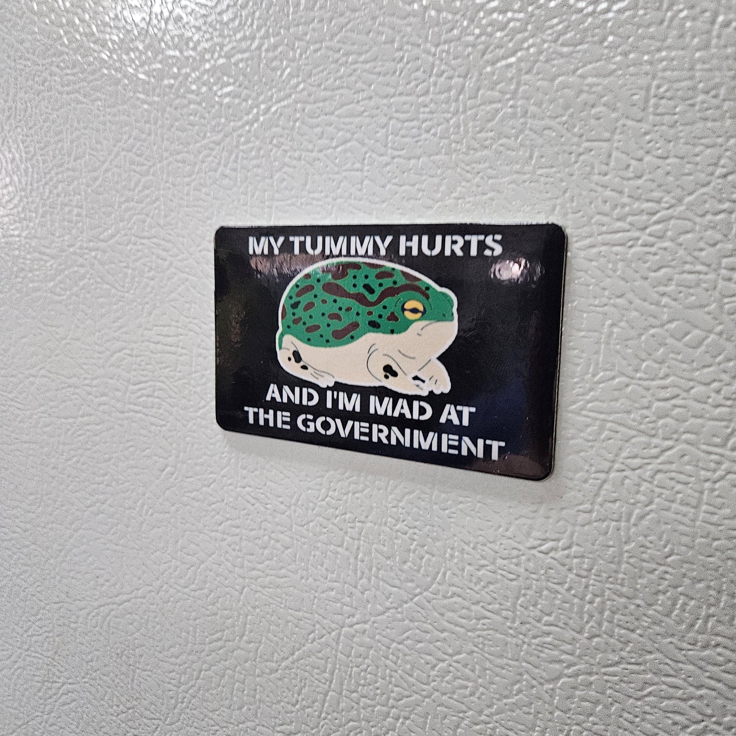My tummy hurts and i'm mad at the government frog meme fridge magnet 2x3.5" dimensions