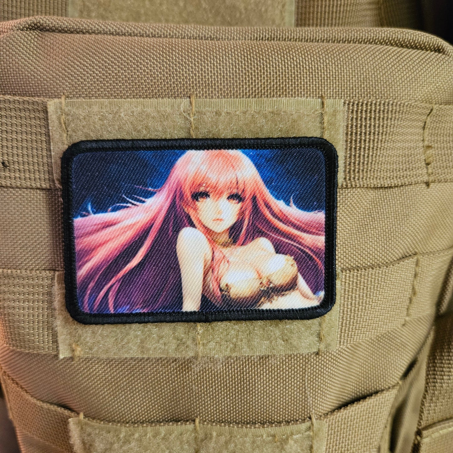 Long Pink hair waifu Sexy Anime girl cleavage bikini 2"x3" removable morale patch with hook and loop backing