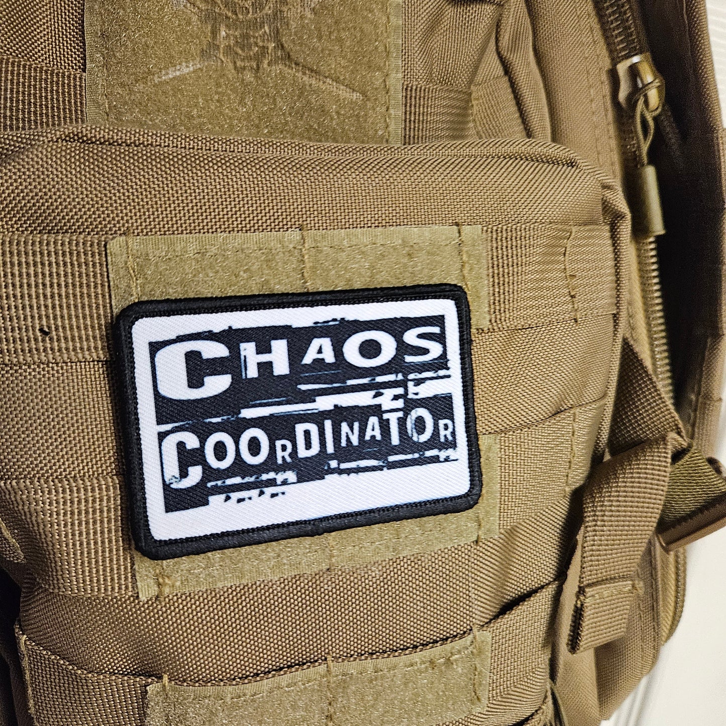 Chaos coordinator funny patch 2" x3" inch morale patch hook and loop backing black and white
