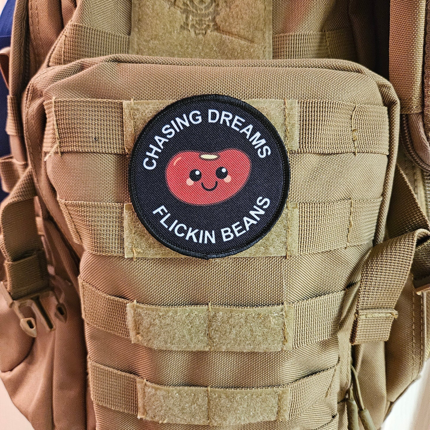 Chasing dreams flicken beans 3" circle morale patch with hook and loop backing