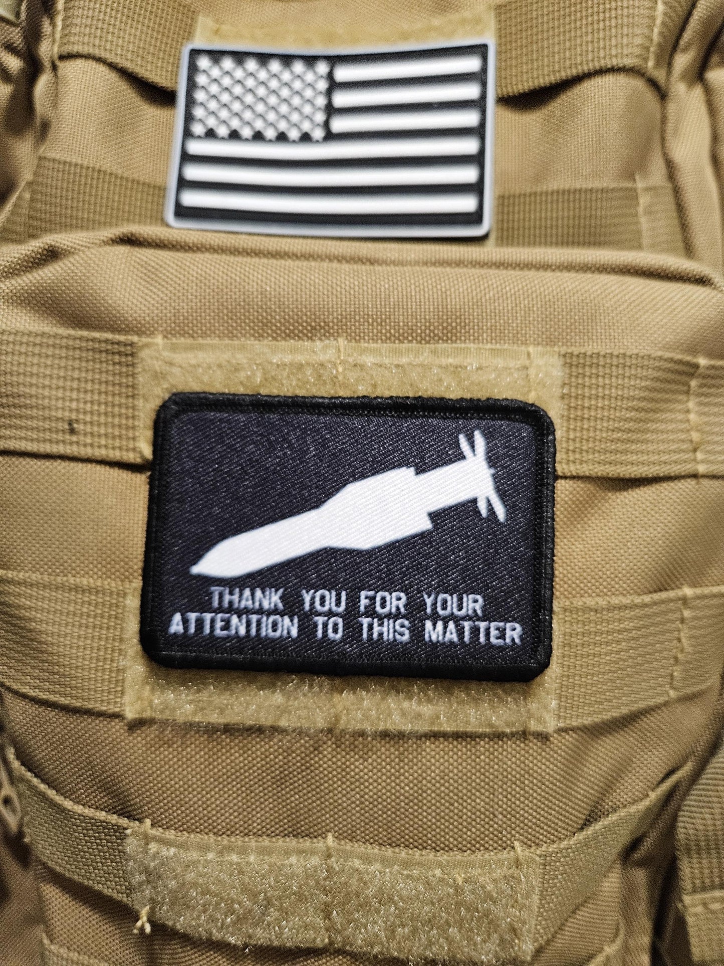 Bunker buster thank you for your attention to this matter meme 2"x3" removable morale patch with hook and loop backing