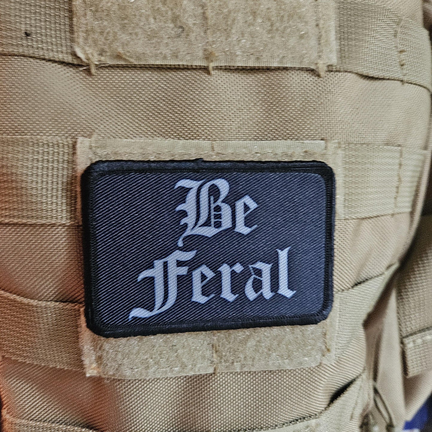 Black and white "be feral" girls and boys meme 2"x3" morale patch with hook and loop backing
