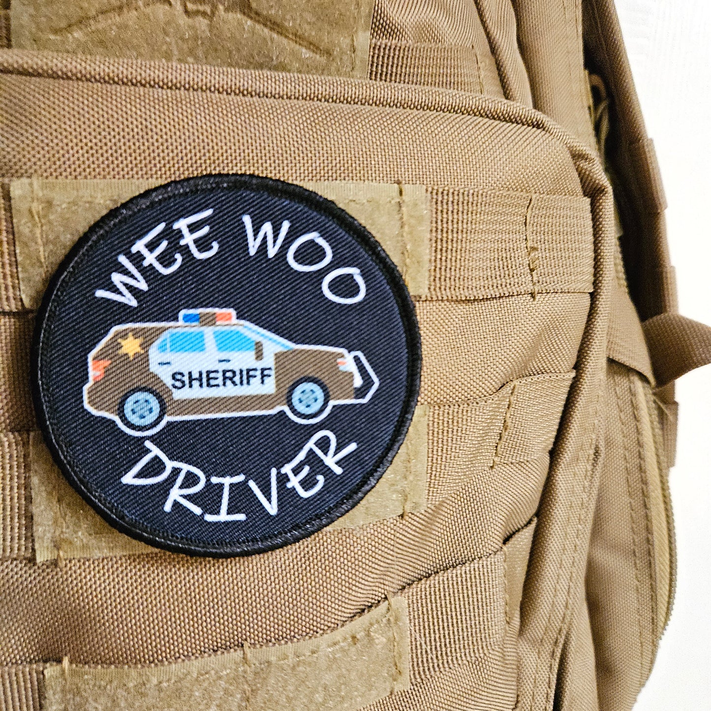 Wee woo driver sheriff suv driver funny 3" circle removable morale patch with hook and loop backing