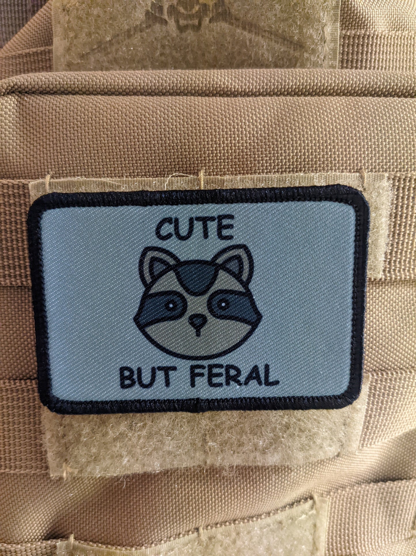 Cute but feral funny raccoon meme 2"x3" morale patch with hook and loop backing