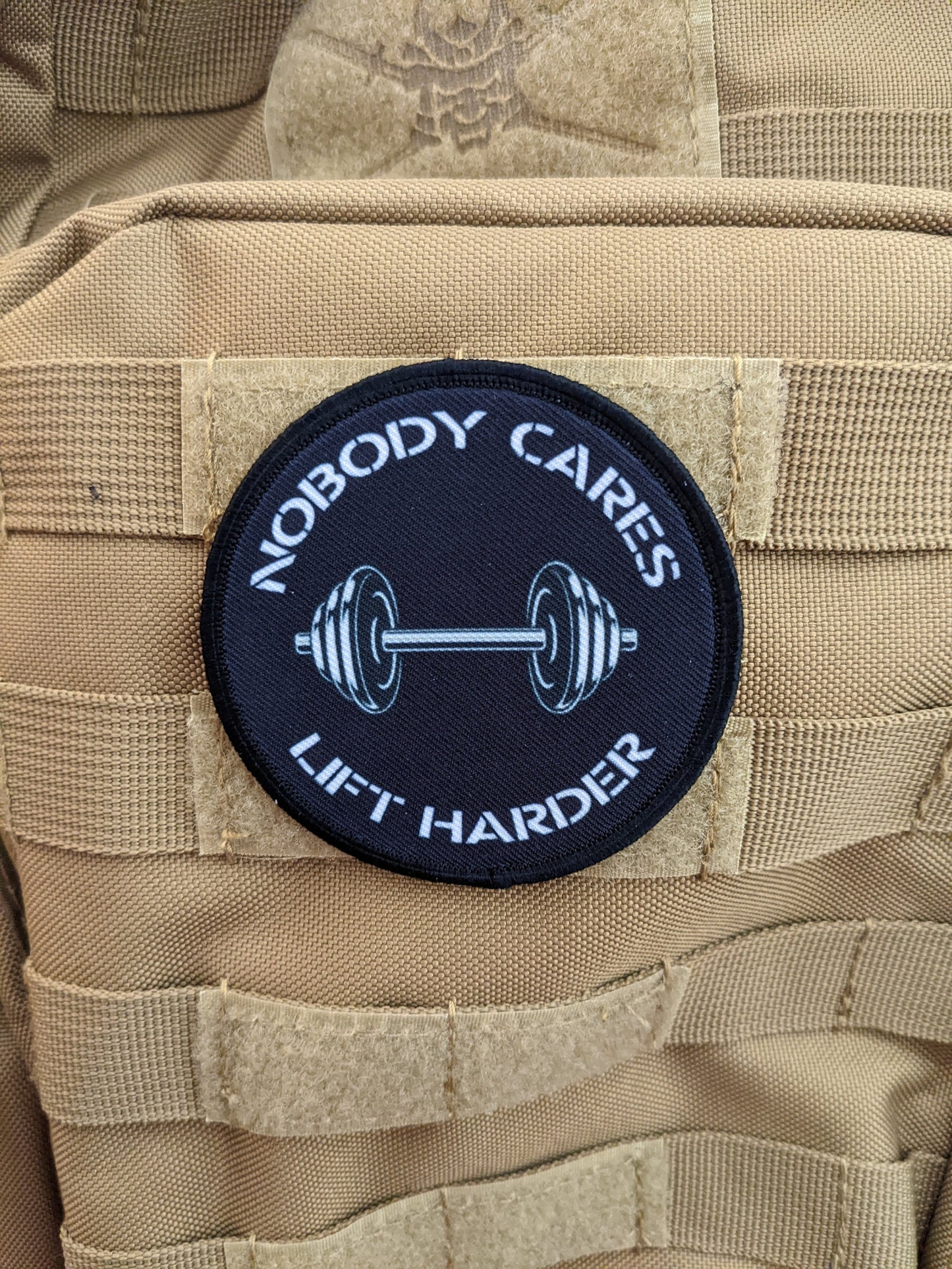 Nobody cares lift harder weightlifting bodybuilding fitness 3" circle morale patch with hook and loop backing